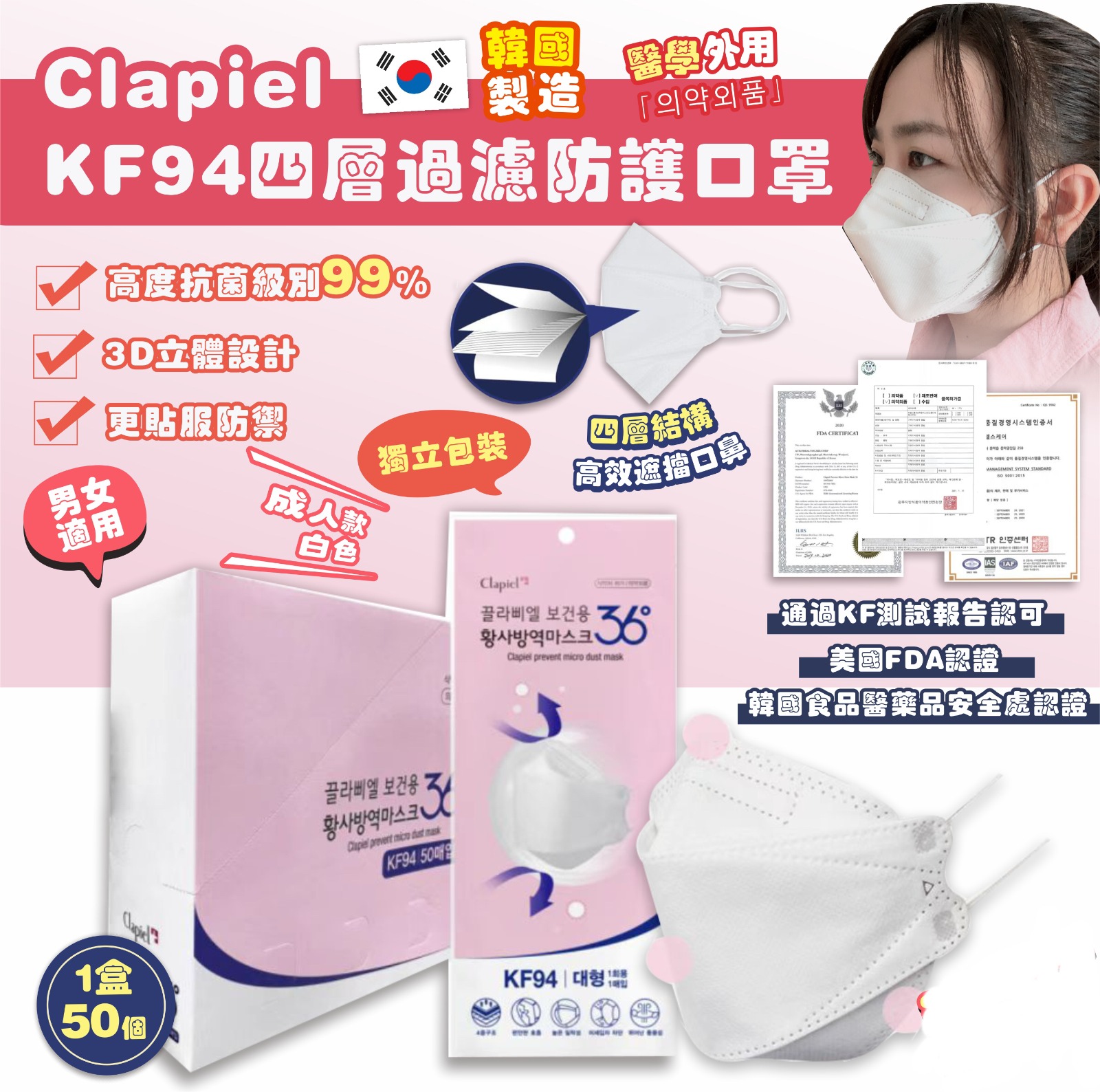 【預訂】Clapiel KF94 四層過濾防護口罩成人白色口罩(1盒50個)