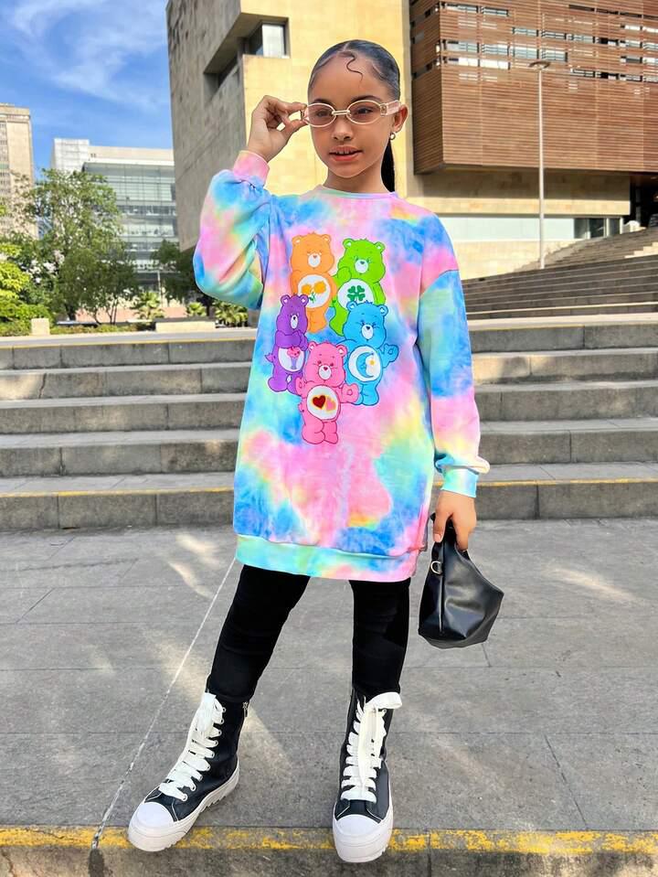 可愛卡通熊印花紮染長袖連衣裙