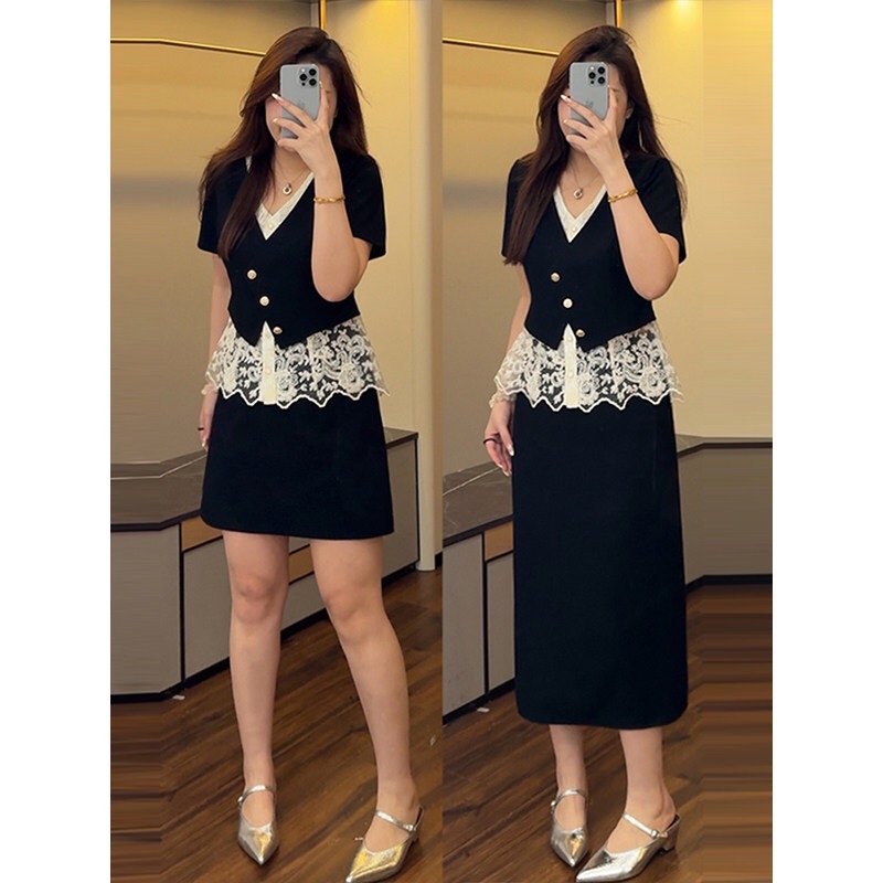 B167(16716+16717长) 长款法式小香风假两件V领斜排钮拼下摆蕾丝上衣与长裙黑套装 