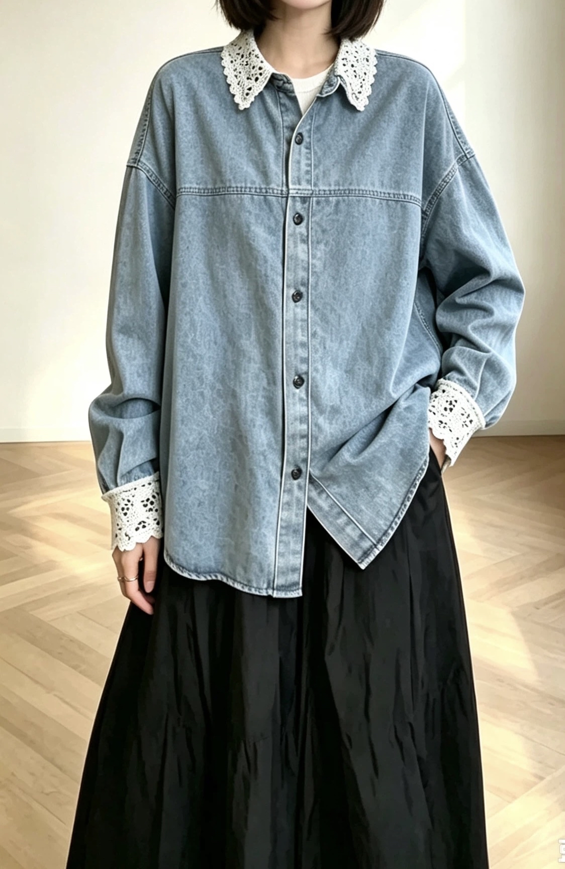 通花領牛仔Top