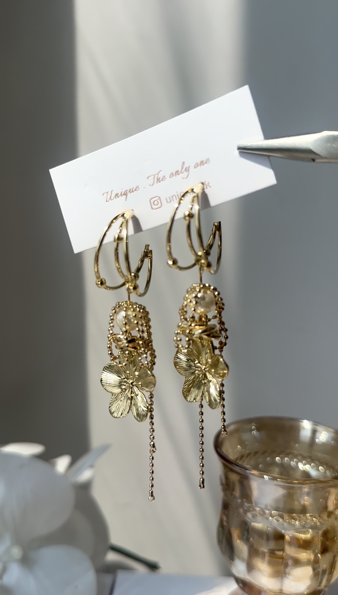 珍珠花水滴耳環🌹(金)