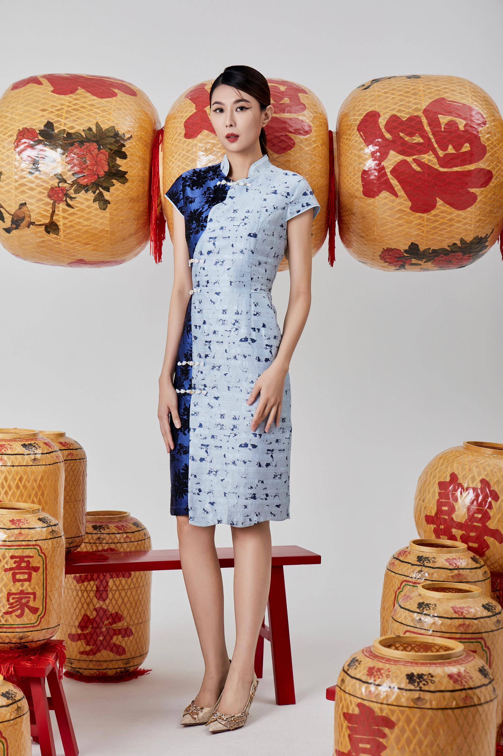 双色旗袍连身裙 粉色/蓝色2126