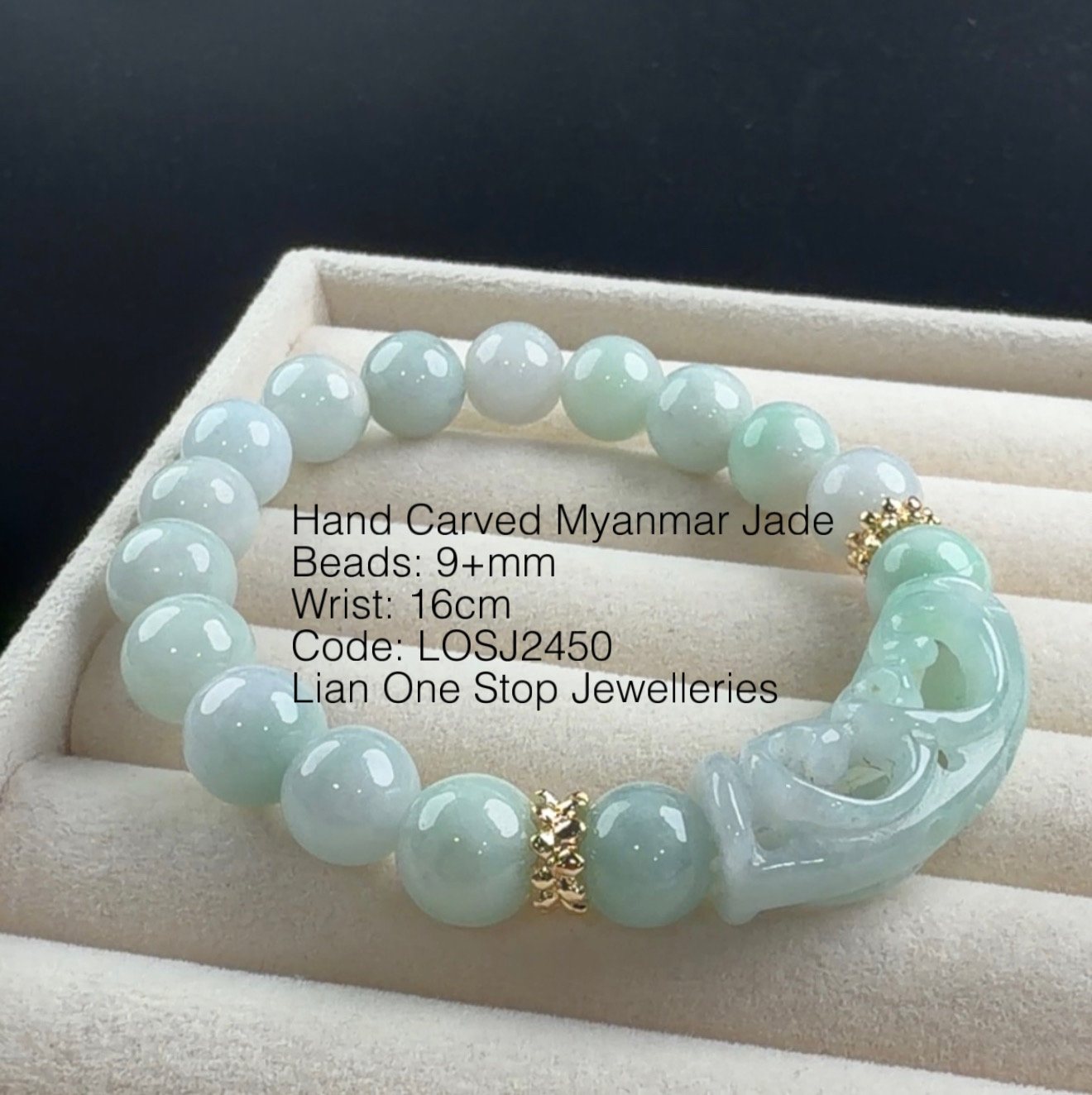 Code: LOSJ2450 Hand Carved Myanmar Jade 9+mm
