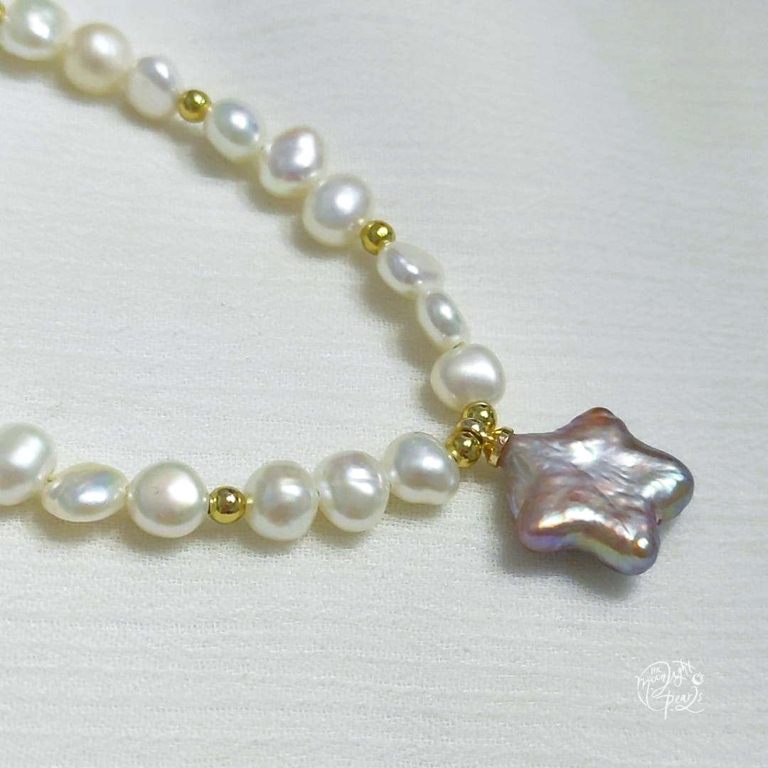 淡水巴洛克冷白光小石頭巴洛克珍珠+紫色炫彩星星珍珠注白金尾鍊扣choker鍊