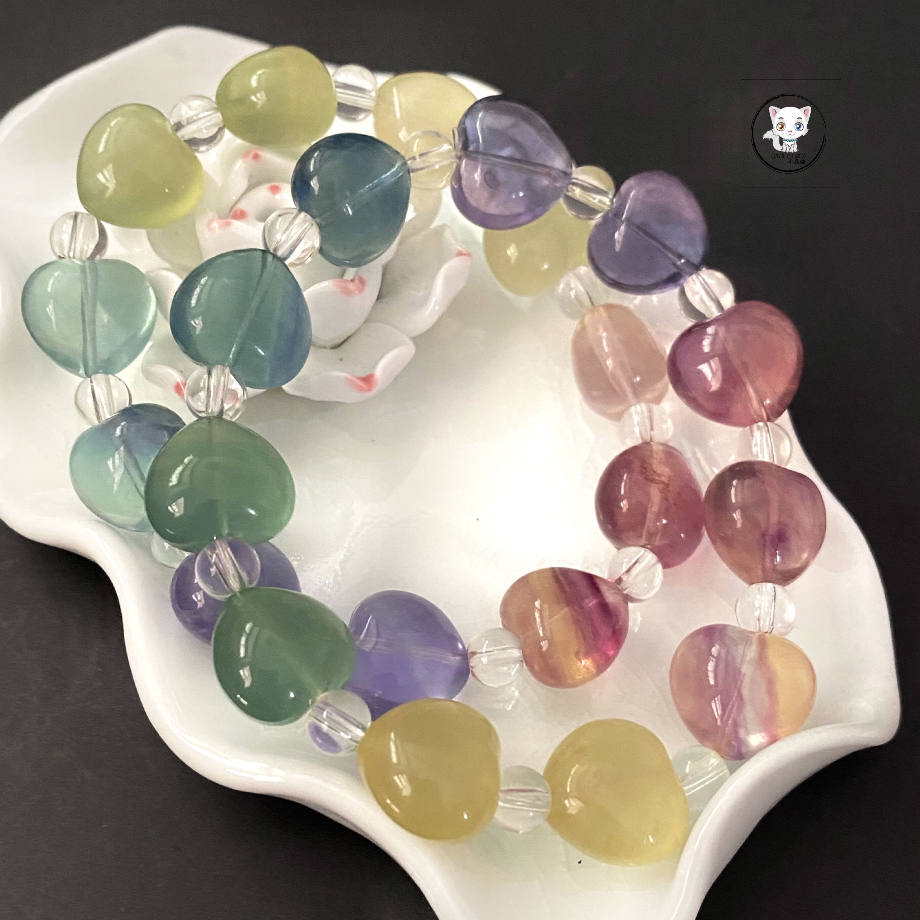 天然彩螢石愛心手鏈 14mm