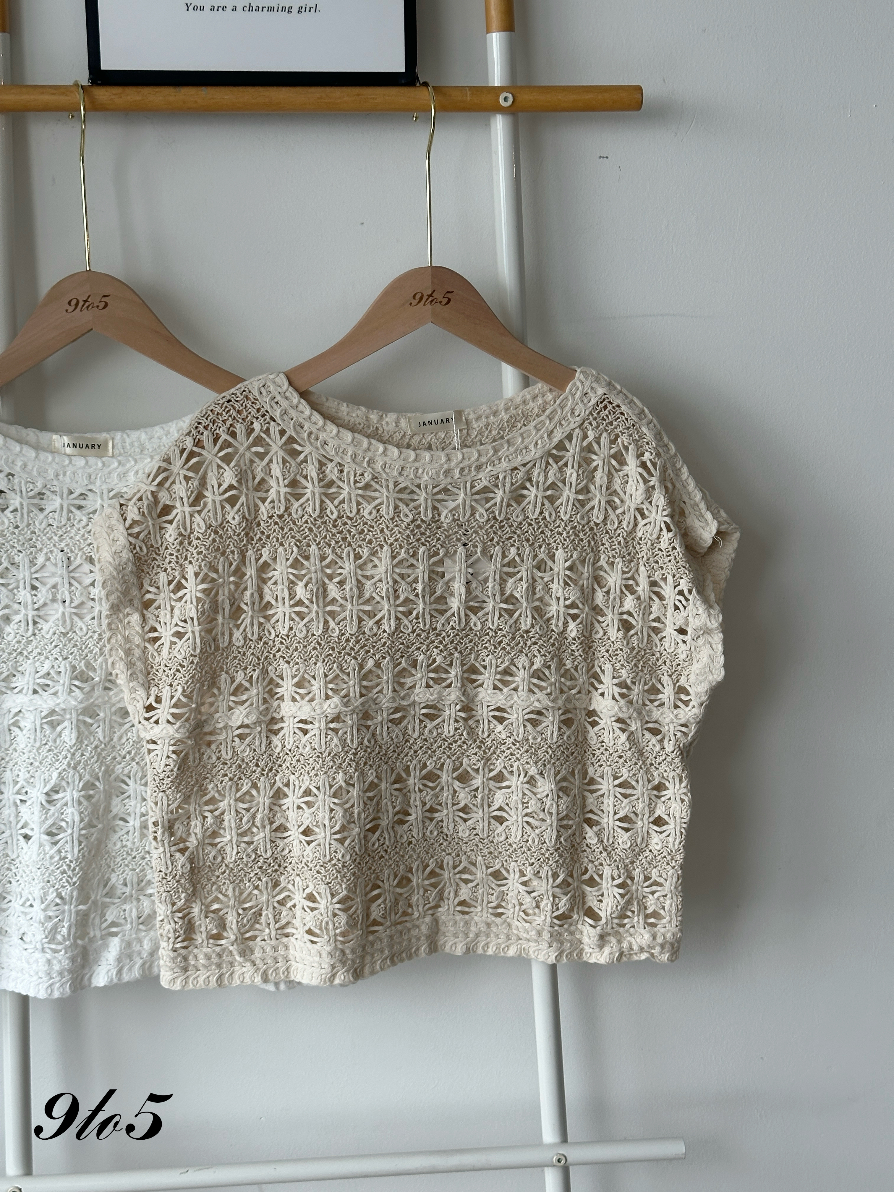 T4221 Cape Sleeve Crochet Top - Beige & White