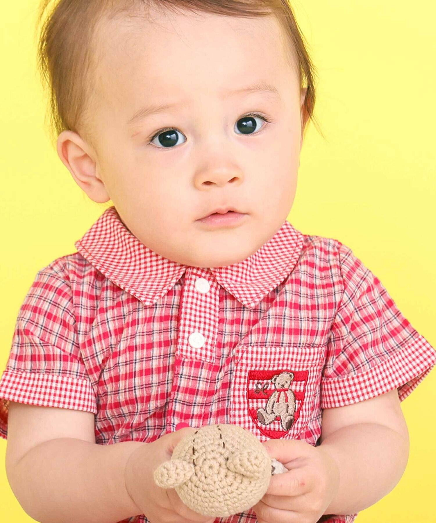 🇯🇵預訂 日本直送🇯🇵Slap Slip Baby兩色小熊刺繡口袋格紋翻領短袖連身服