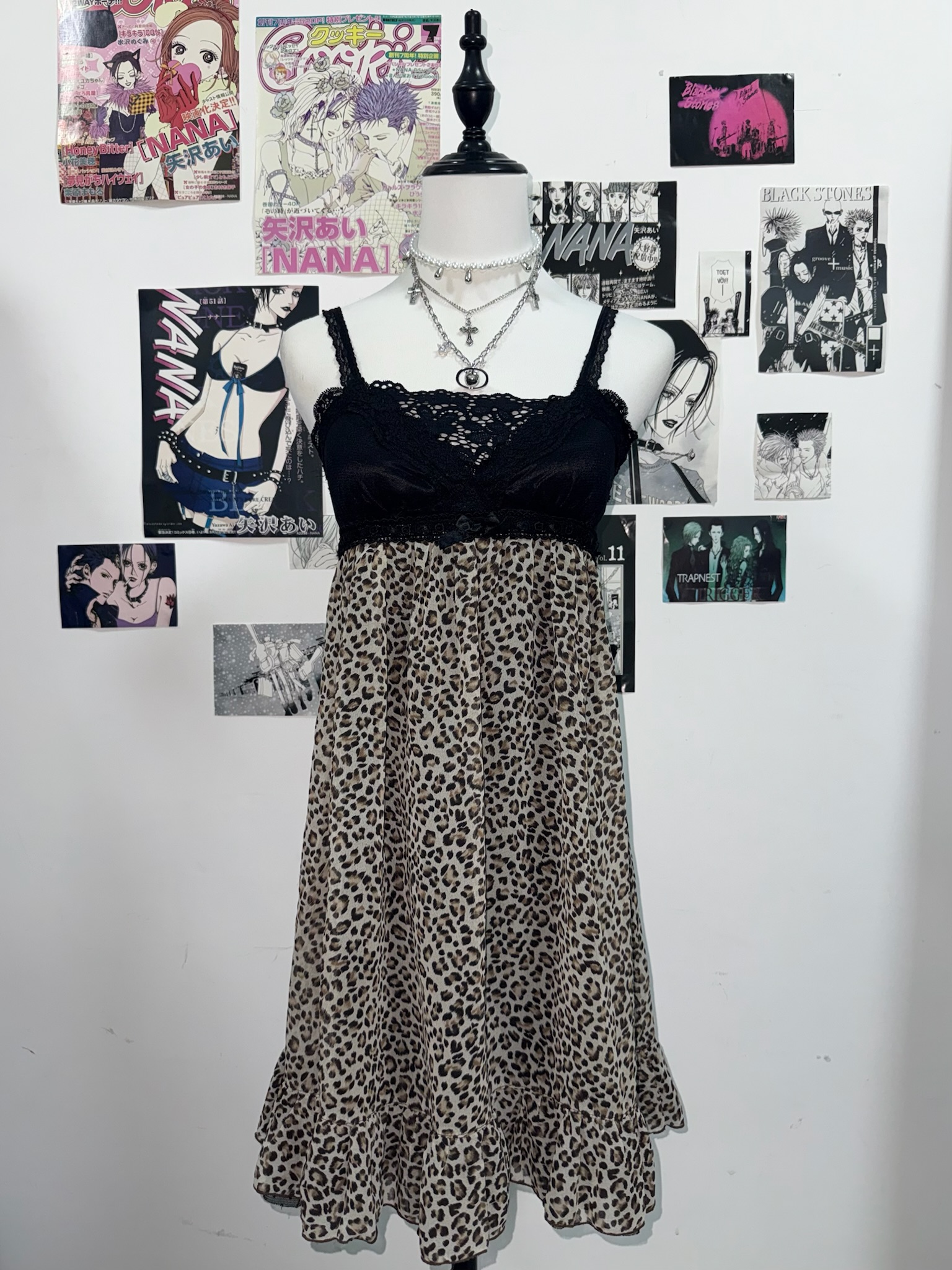 Leopard Print Mesh Slip Dress with Lace Trim