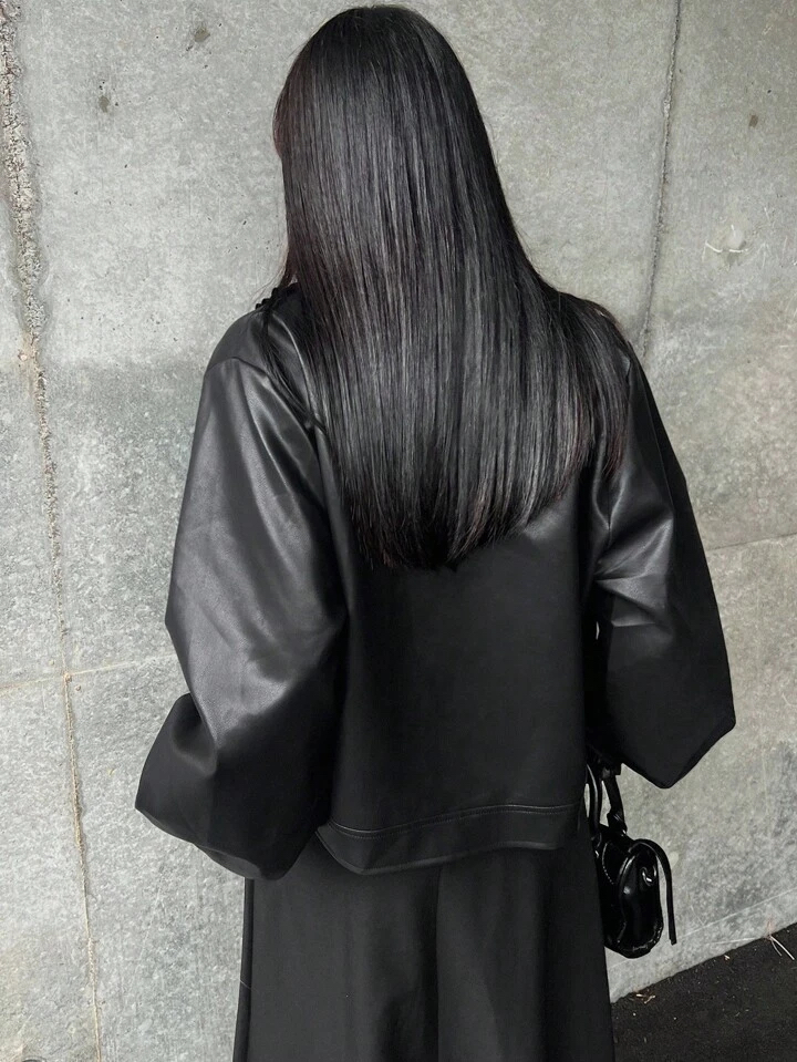 荷葉邊裝飾黑色人造皮革外套