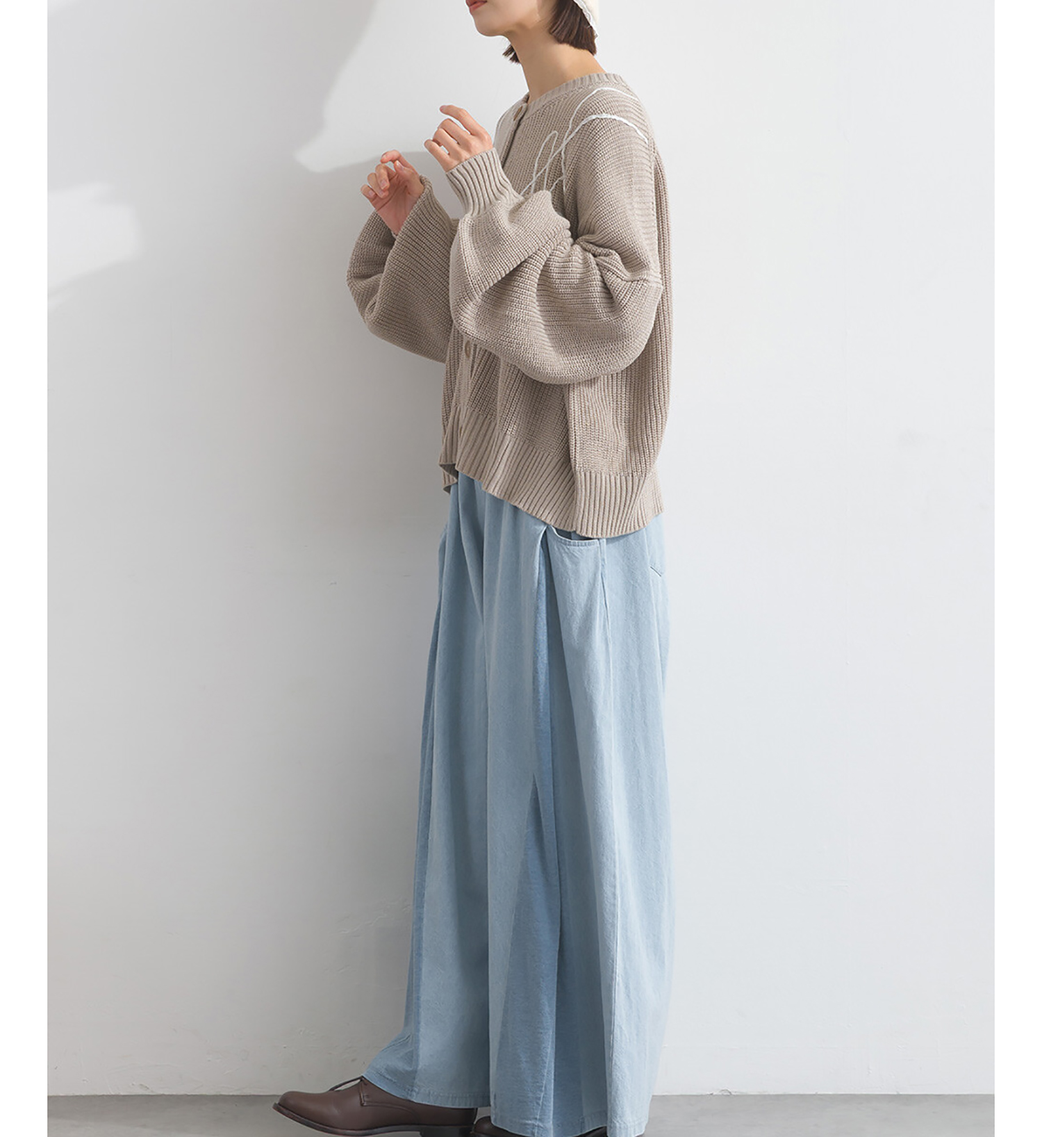 LP - 絲帶織紋開襟毛衣 (杏色)