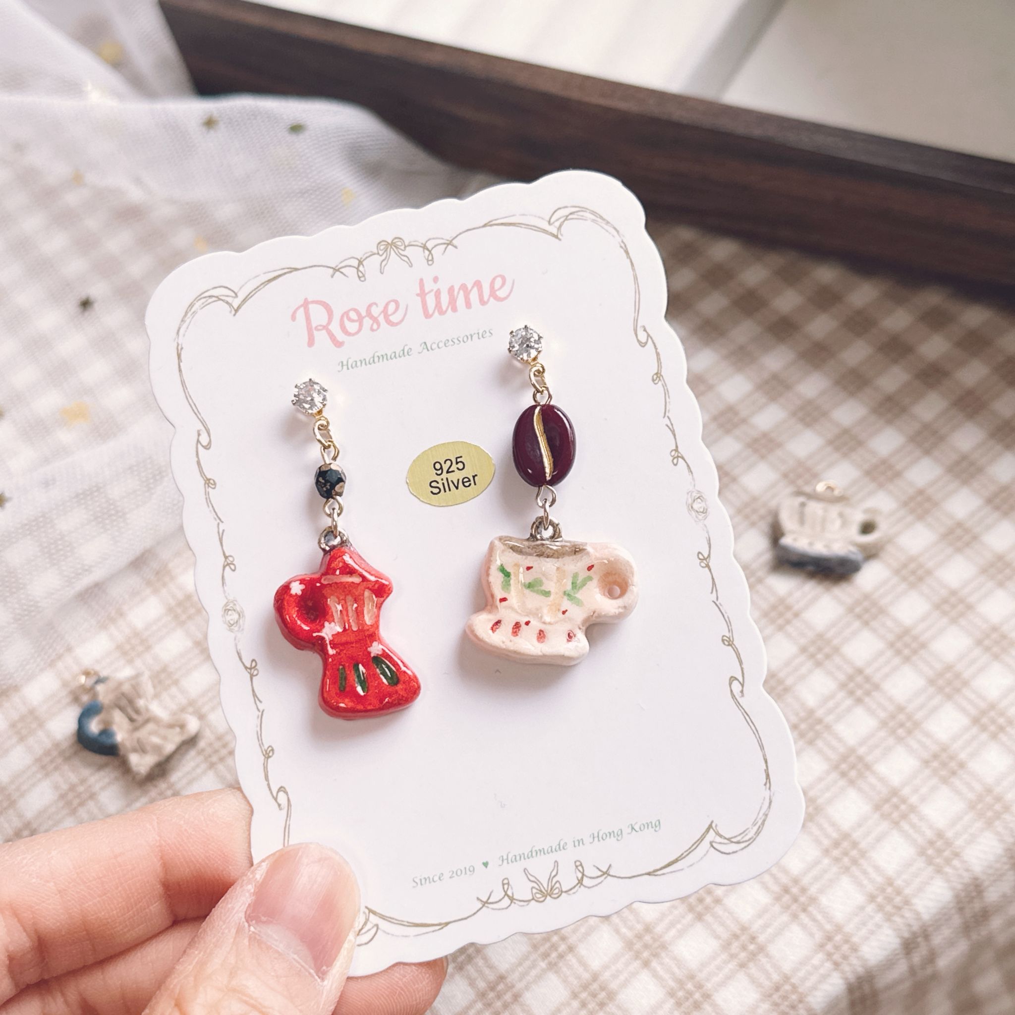 手繪復古咖啡壺咖啡杯耳環