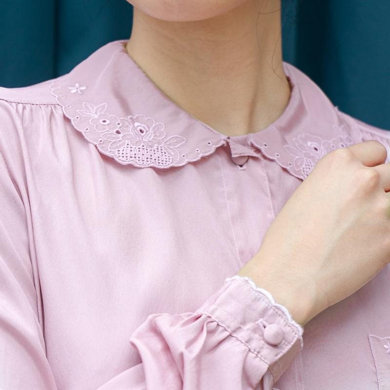 Vintage Japanese Lavender Pink Embroidered Baby Collar Blouse/Shirt(MT1604-7)