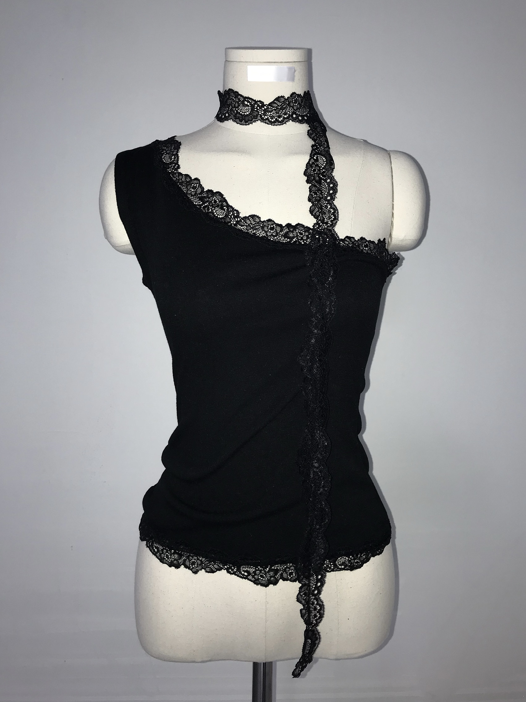 Asymmetrical One-Shoulder Lace Trim Top with Scarf