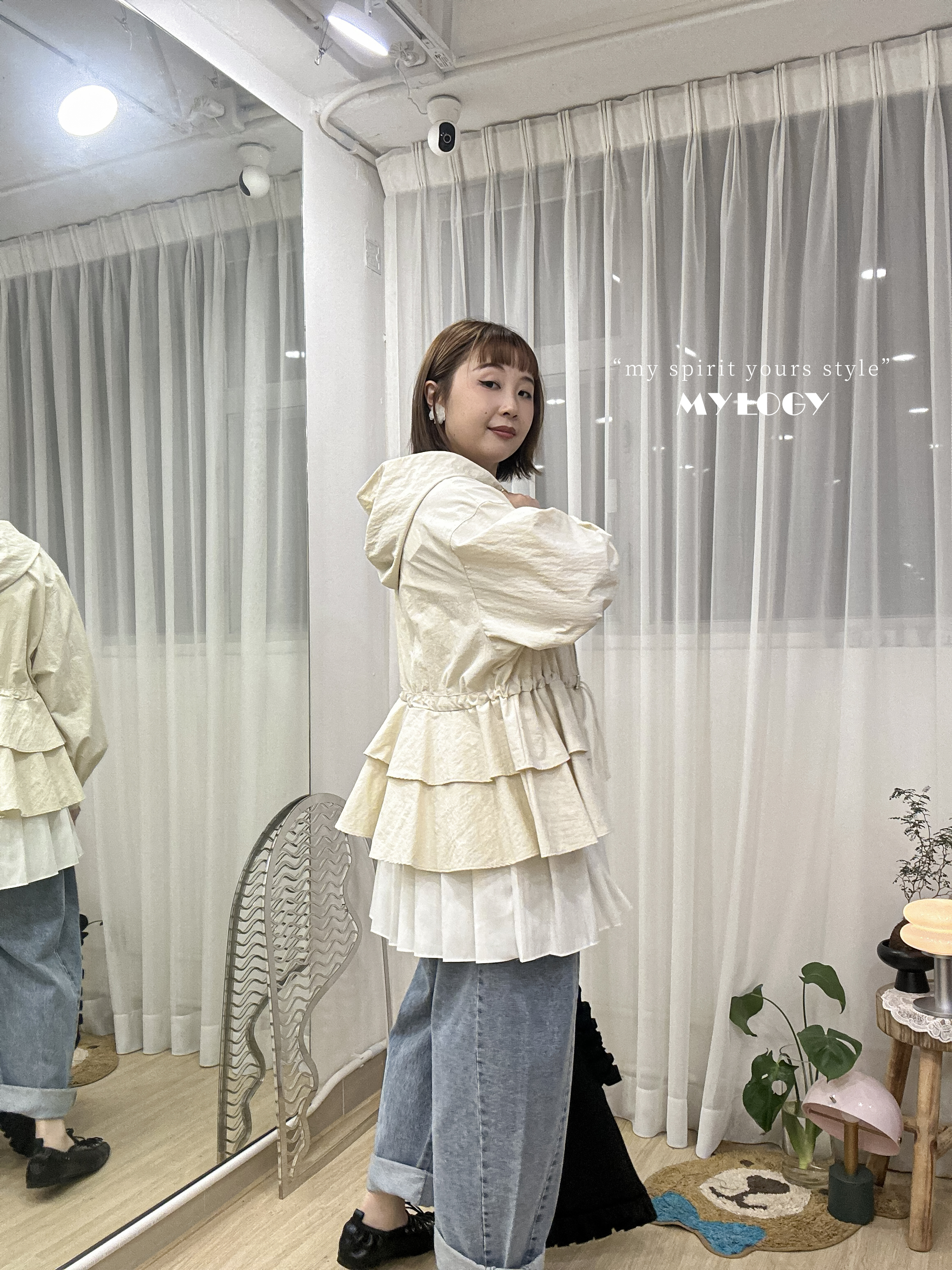 非典型少甜～束腰索繩Double Ruffle連帽風衣 J0002 - 白色 Ivory