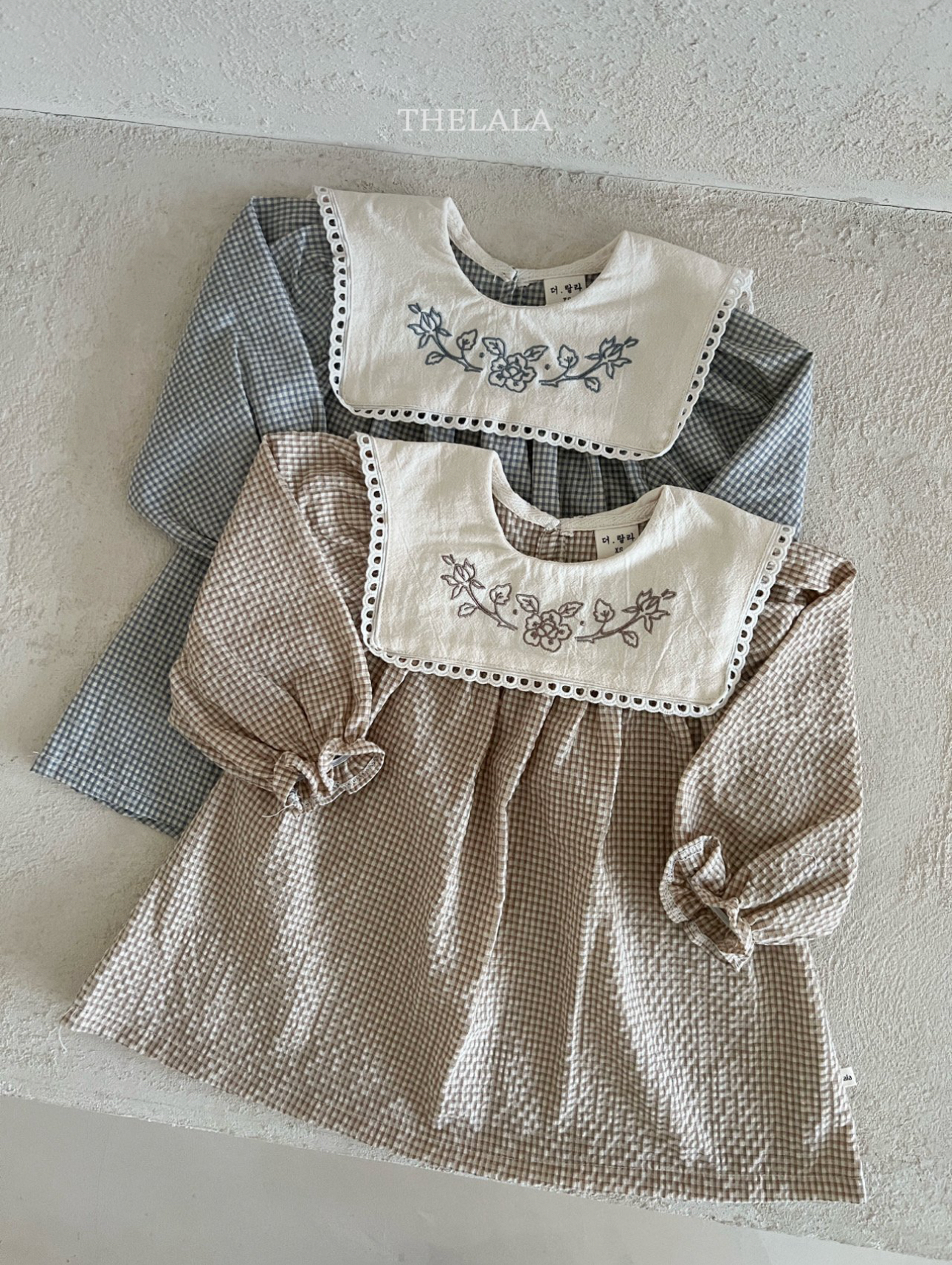 🌸預訂 韓國直送🌸🇰🇷THELALA兩色花卉刺繡方形翻領格紋長袖連身裙
