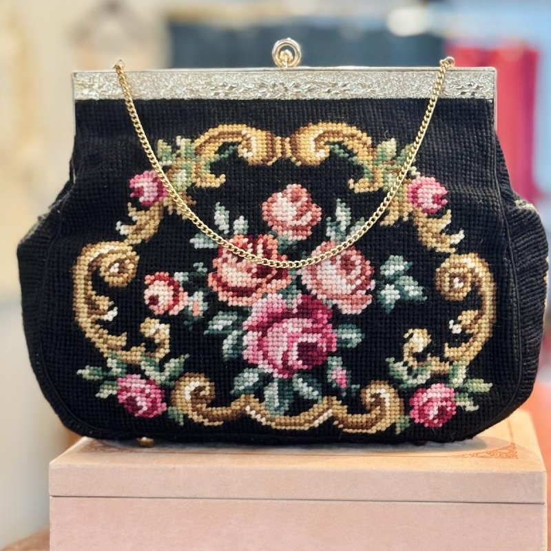 Vintage C.a. 1960s Hand-Stitched Floral Needlepoint Bag with Handpainted Rose Frame (MT2506)