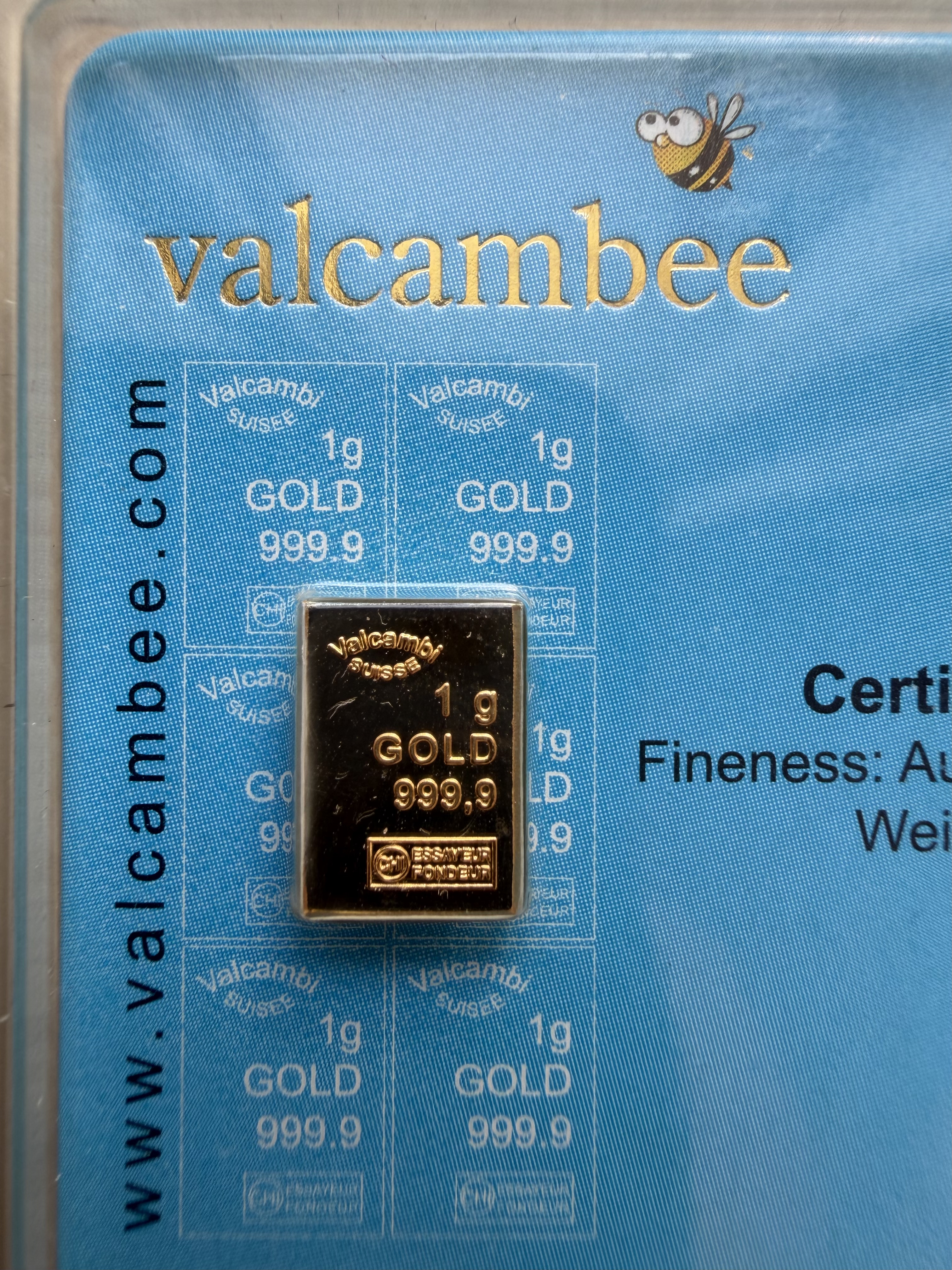 (SN1328) VALCAMBI Valcambee 1g 🇨🇭Swiss Fine Gold Bar 999.9 蓝色蜜蜂