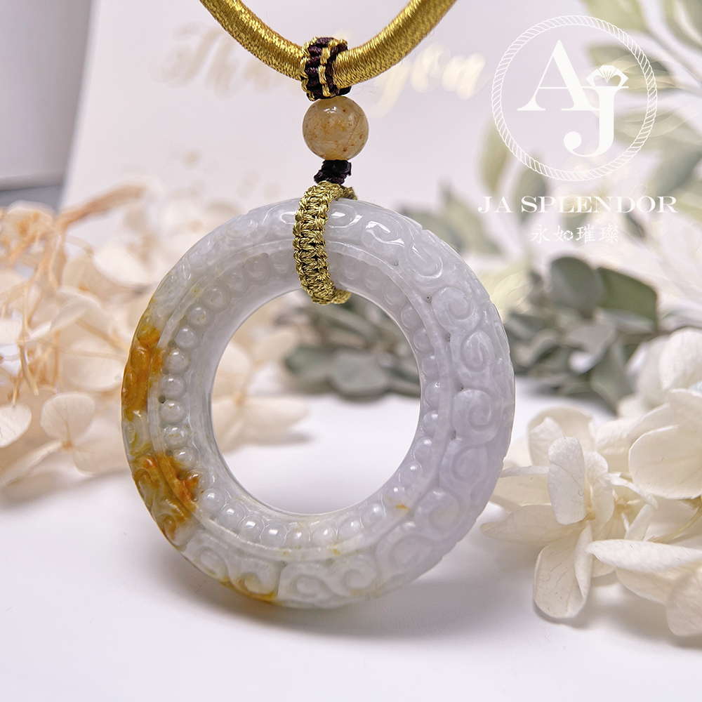 JN-3299 天然翡翠A玉 復古回紋順利招財黃翡精工雕刻糖環