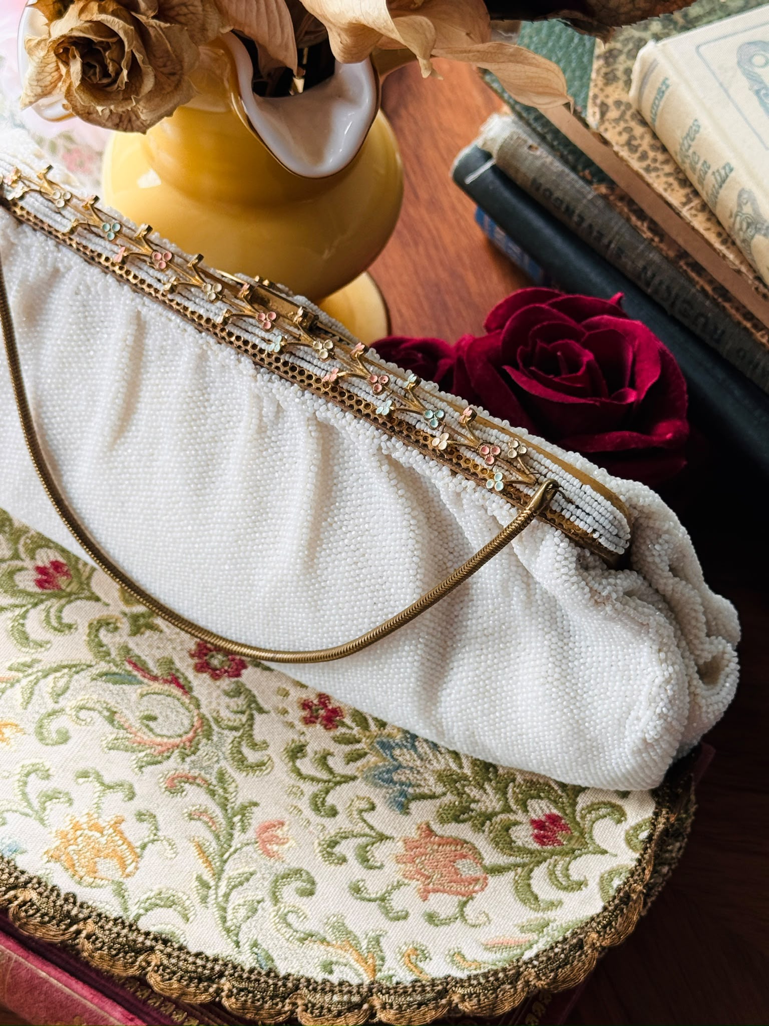 Vintage Mid-century Pastel Foliage Frame White Bead Bag- Likely Made in France (MT2647)