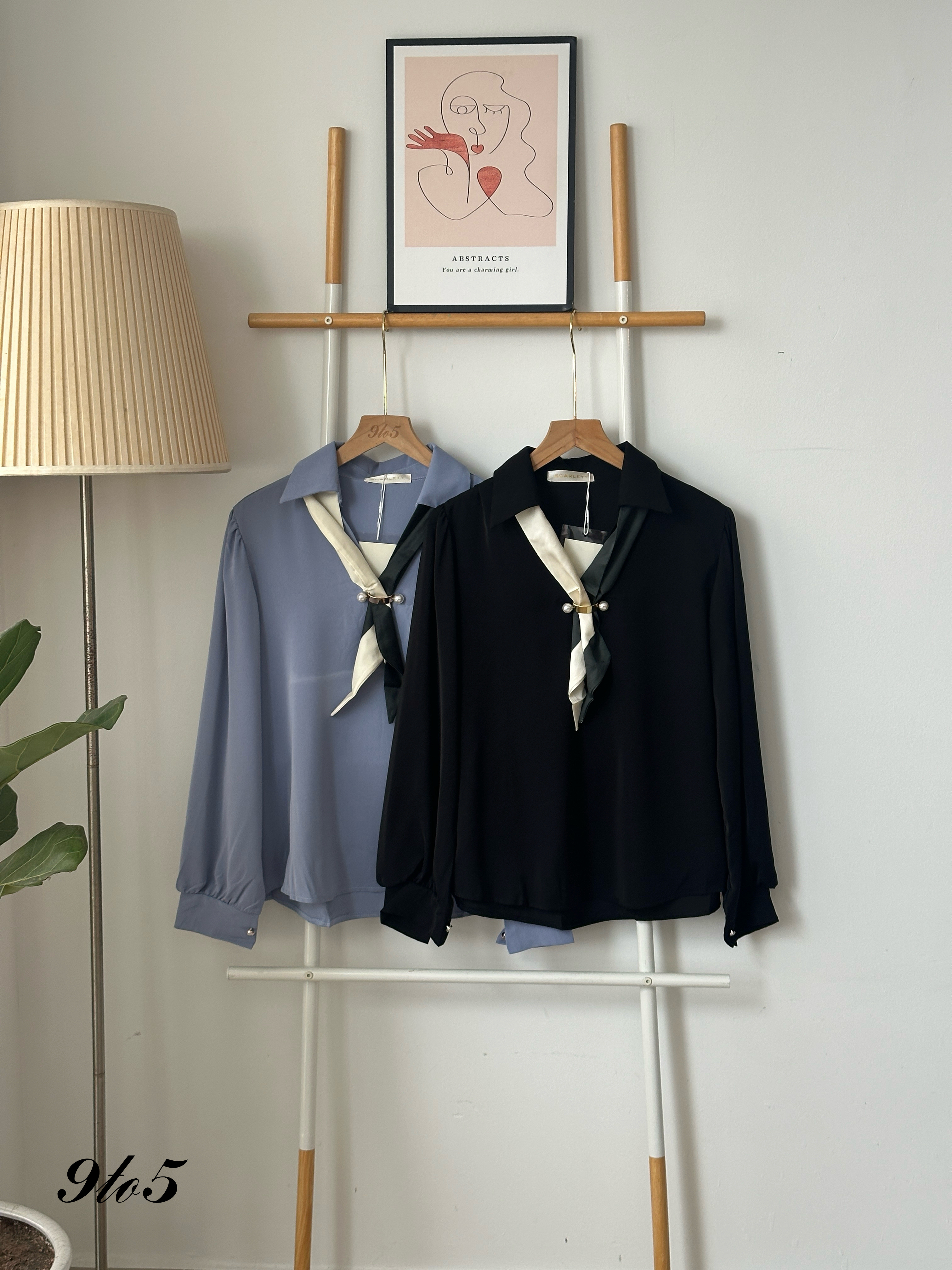 T4072 V Neck Shirt with Scarf - Black & Blue