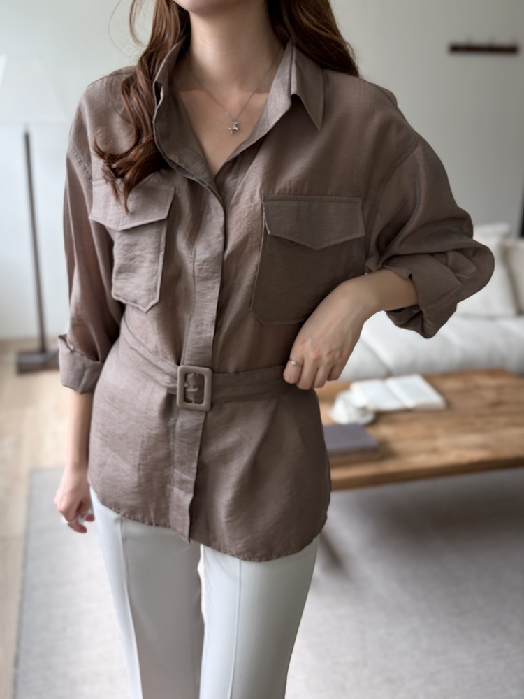 Feminine Belted Pocket Blouse (Brown)