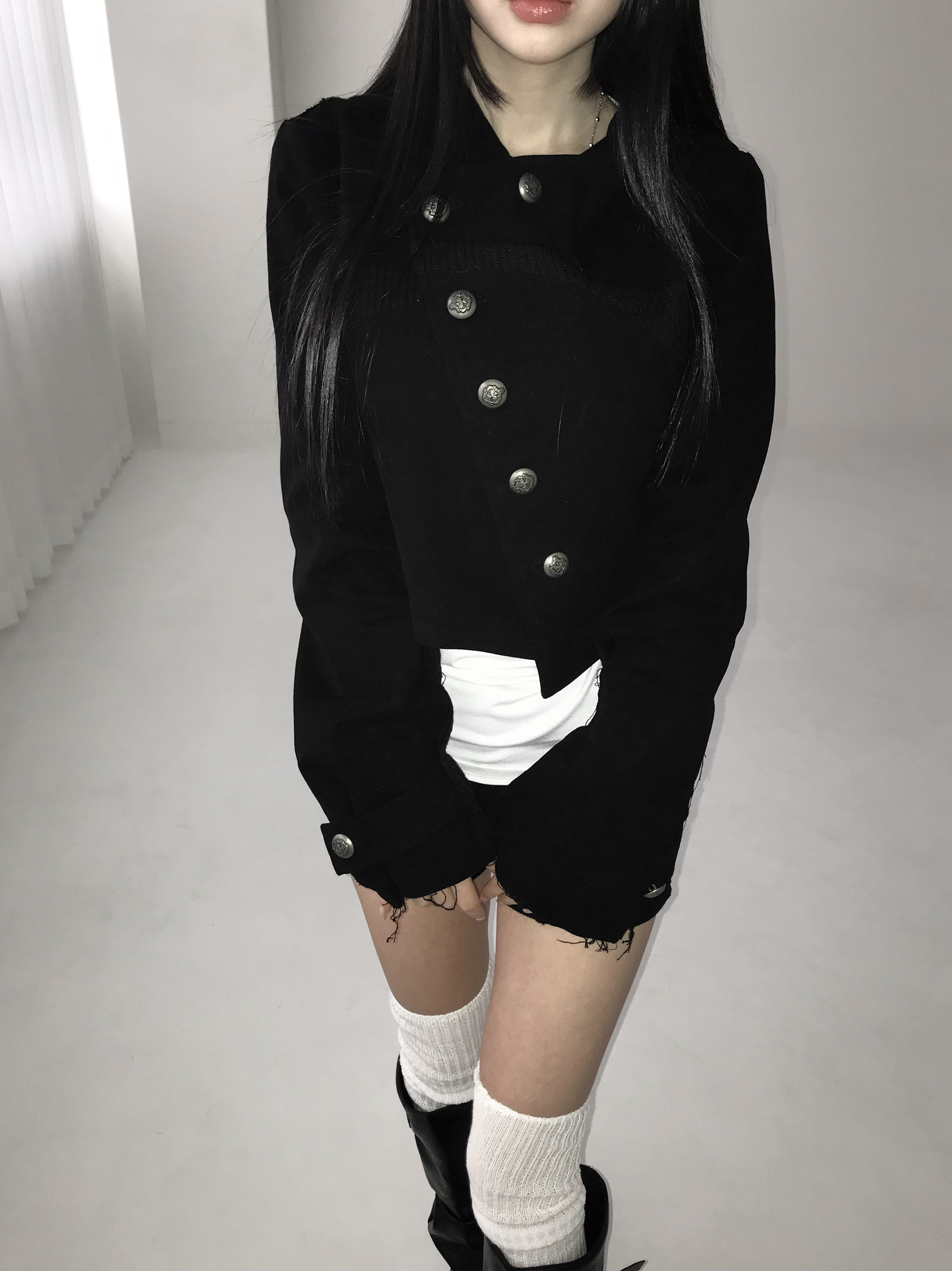 Asymmetric Raw-Edge Hooded Cropped Jacket