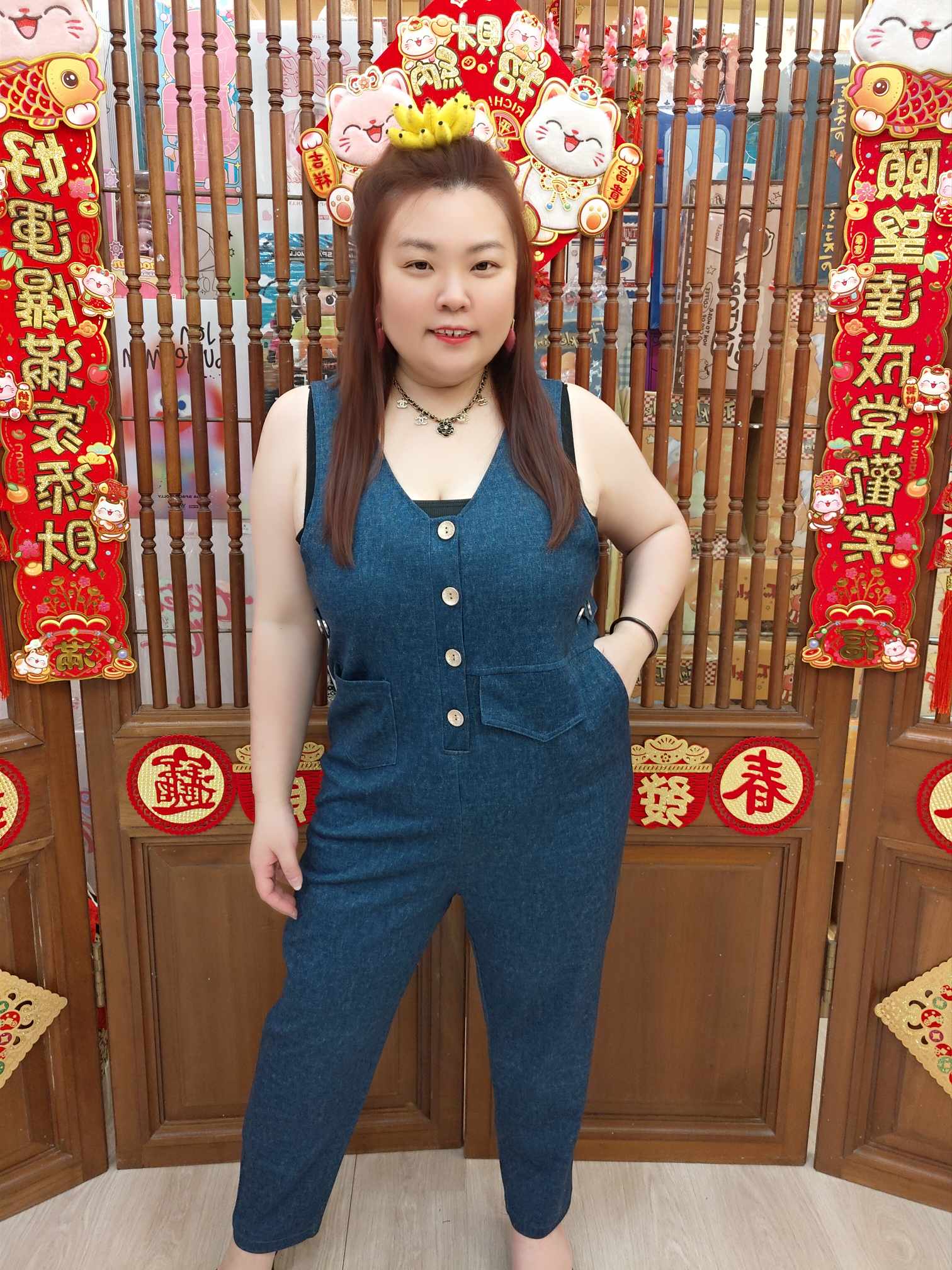 NBD04 K9175 V领无袖仿牛仔连体长裤