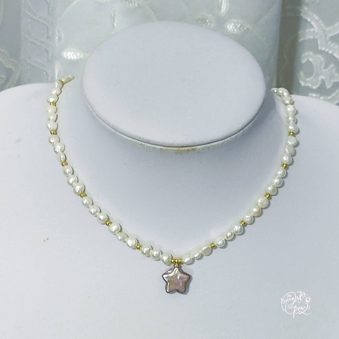 淡水巴洛克冷白光小石頭巴洛克珍珠+紫色炫彩星星珍珠注白金尾鍊扣choker鍊