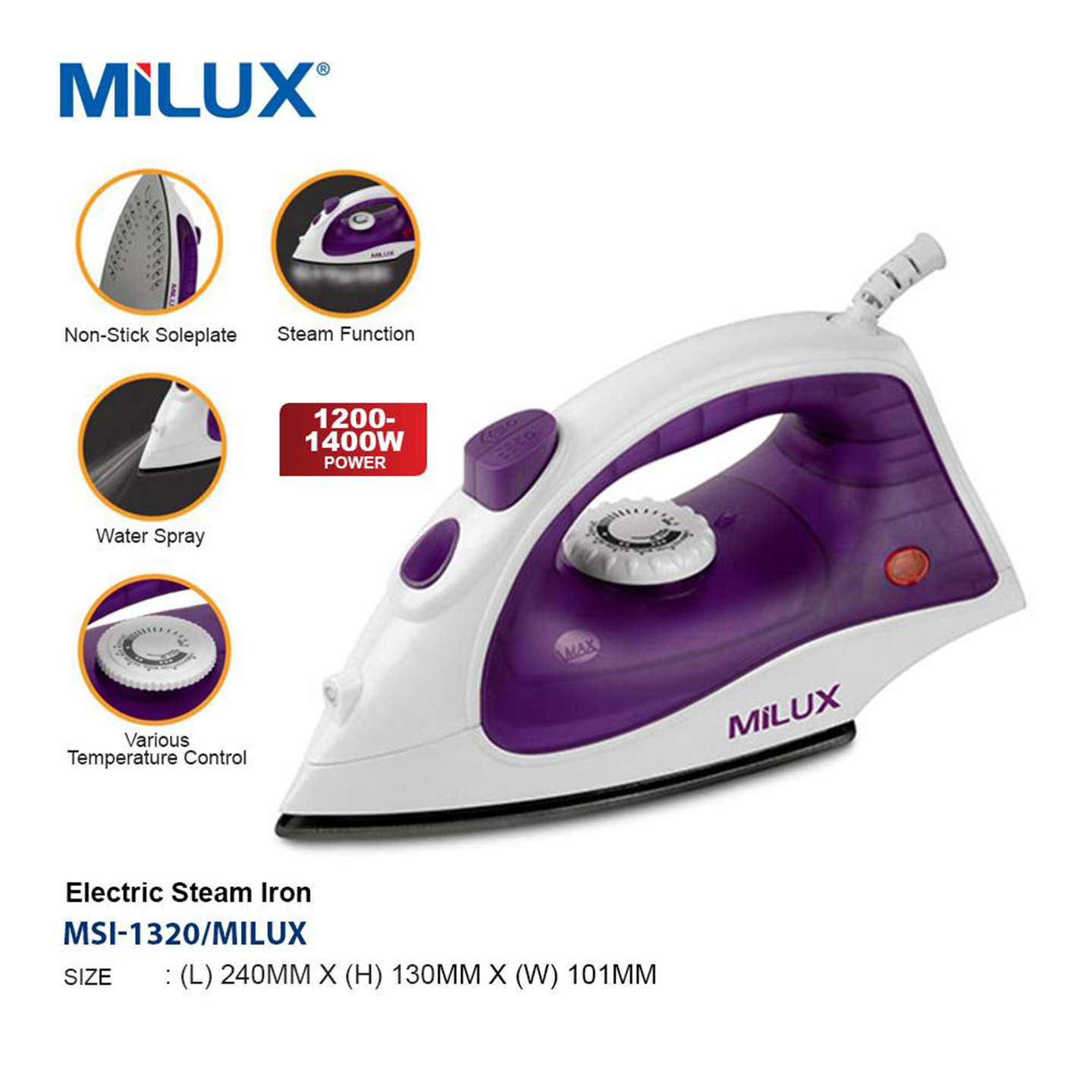 Milux 1200W Non-Stick Dry Iron (MDI-1300)