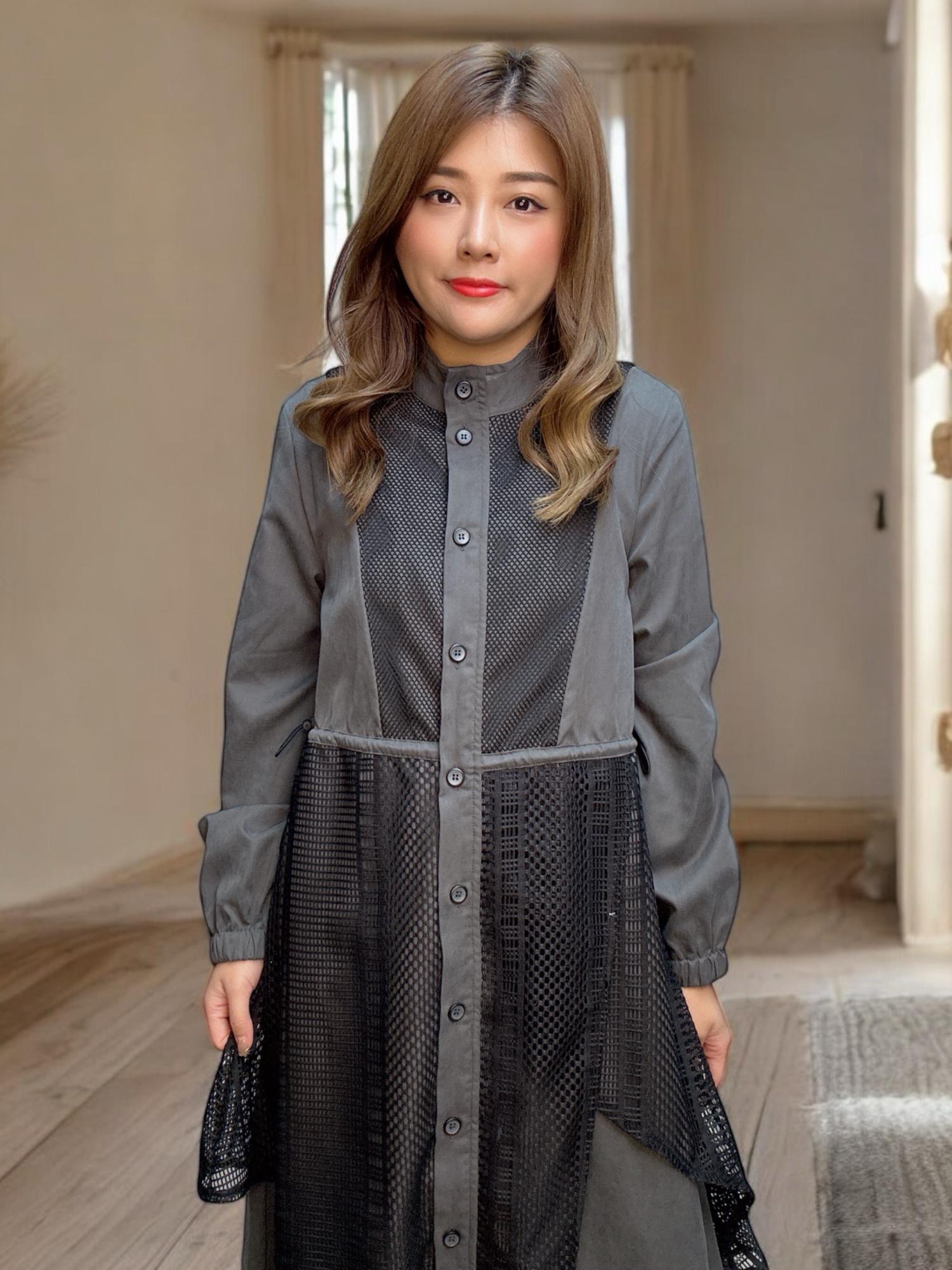 103546 BS 自家款 洗水磨毛布拼接條子網布連身裙外套