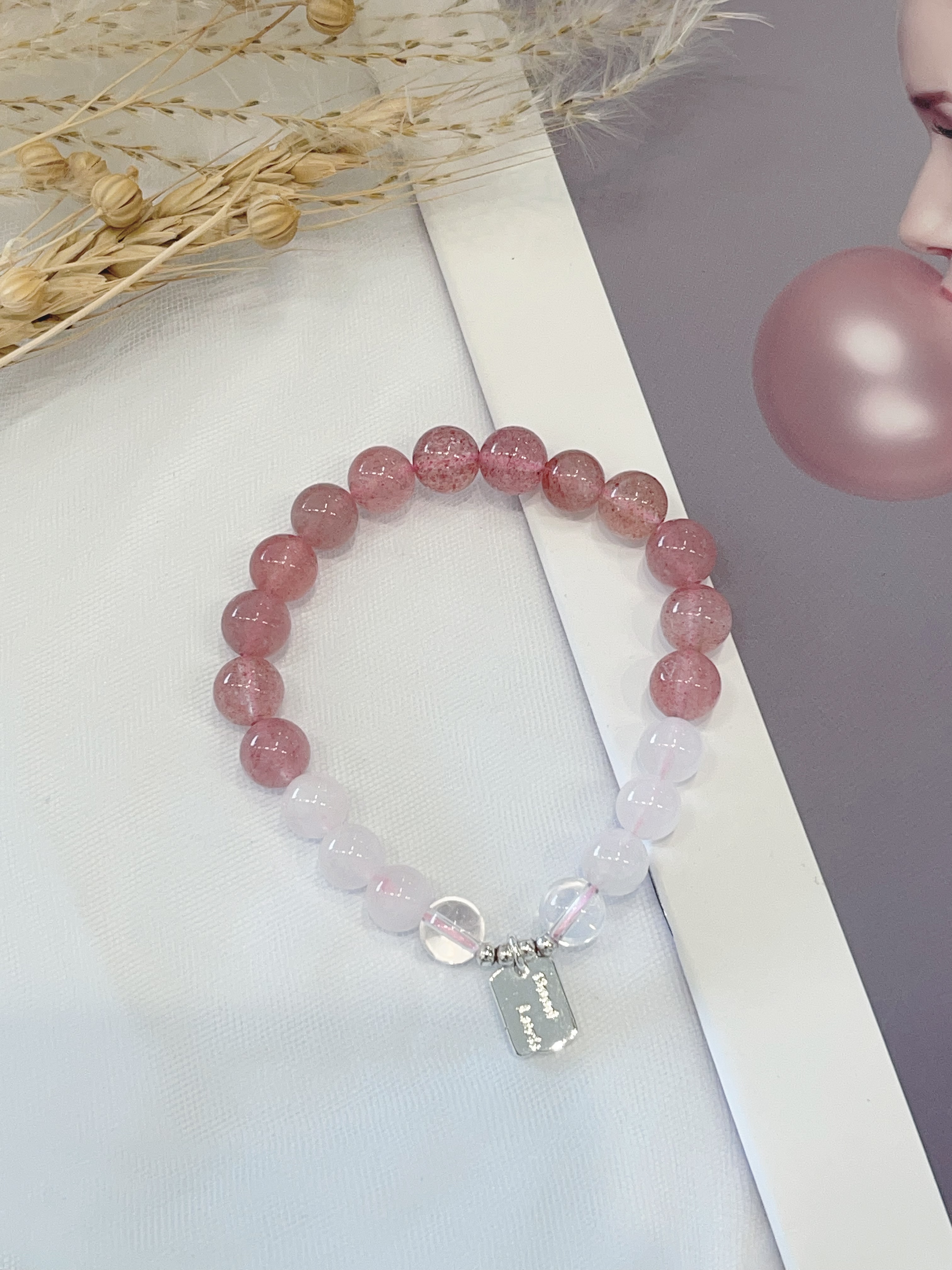 🍓 草莓晶 × 粉水晶手串 Strawberry & Rose Quartz｜9mm 对半款
