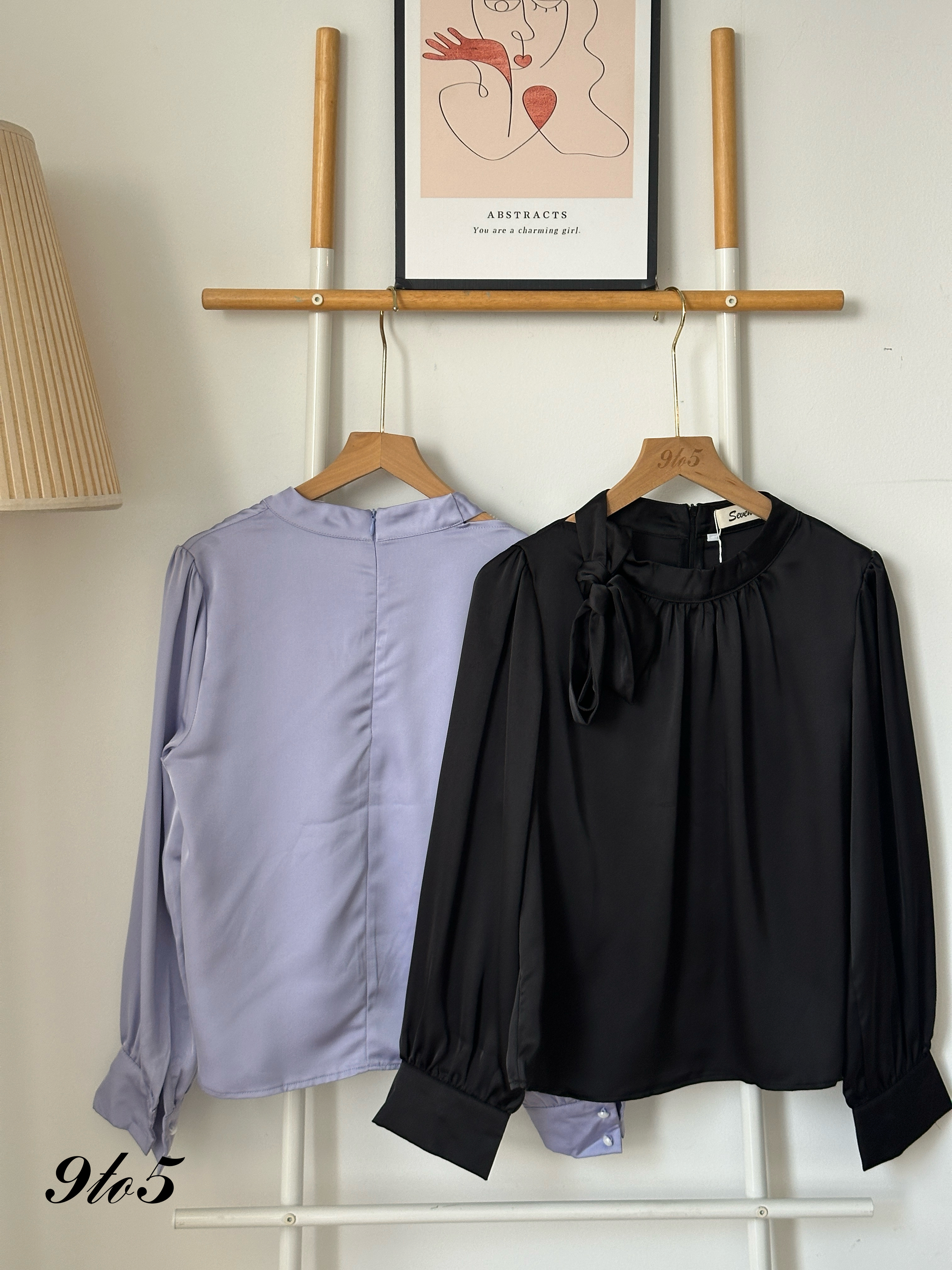 T4030 Tie Neck Satin Blouse - Purple & Black