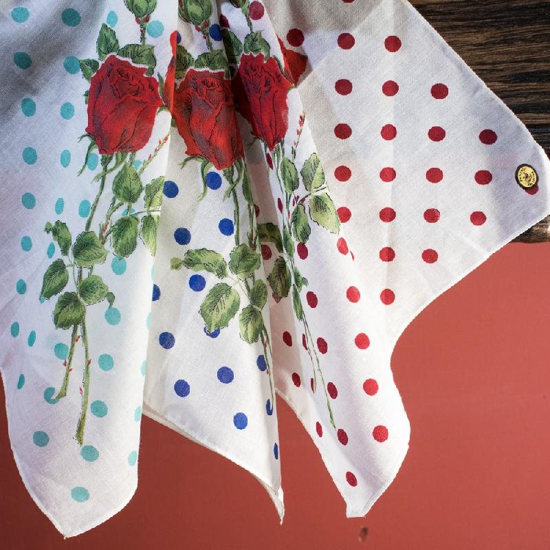Vintage C.a. 1960s German "Peacock" Rose & Polka Dot Cotton Handkerchief - New Old Stock (EV387)