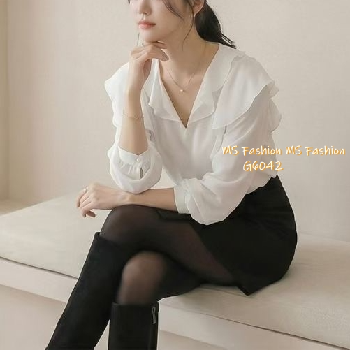 G6042 韓國🇰🇷靚料V領ruffle top