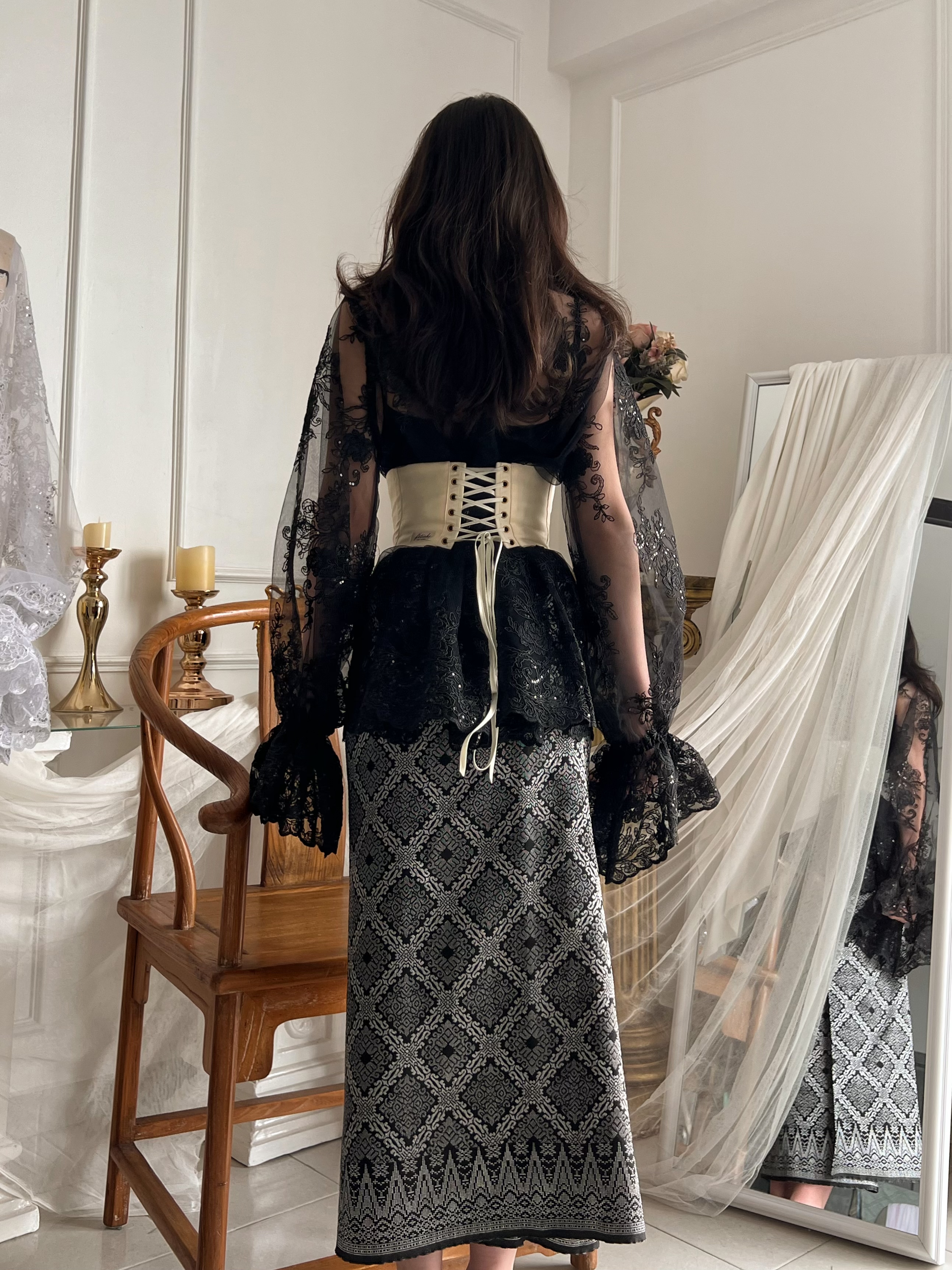 Songket Underbust Corset in Crème and Pareo Skirt in Black with Angel Blouse in Black