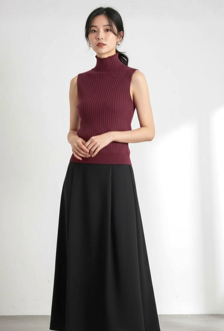 Sleeveless High-Neck Ribbed Knit Top
