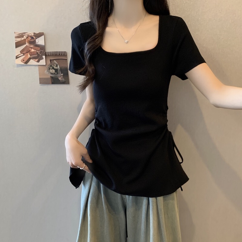 B315(1065) 韩版方领显瘦双边腰镂空抽绳黑黄针织上衣