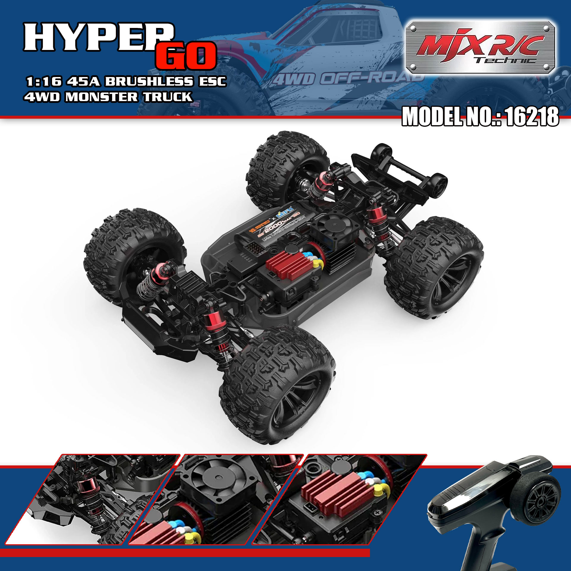 全新 美嘉欣 MJX R/C 1:16 16218 無刷大腳車 | 防翻尾輪 | 金屬齒輪 | 油壓避震 | 可用2s-3s電 | 最高速約60KM/H