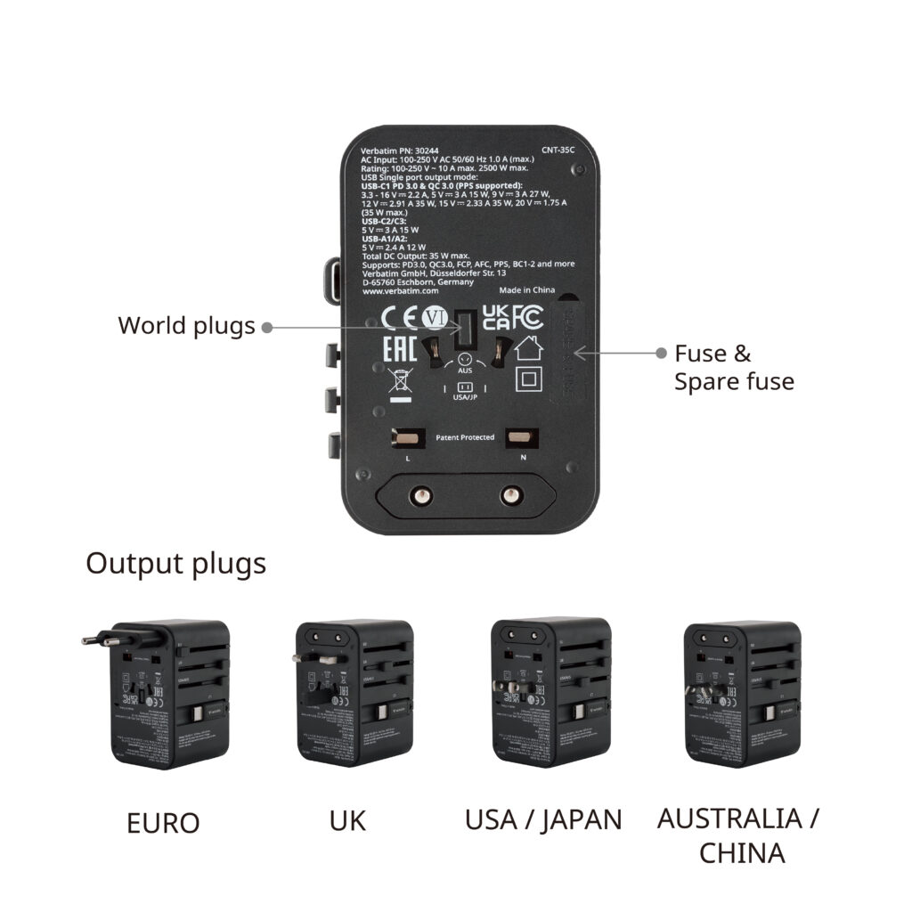 香港行貨 2年保養 威寶 Verbatim 35W 通用旅行轉插 旅行充電器 (附USB-C可伸縮充電線) 30244