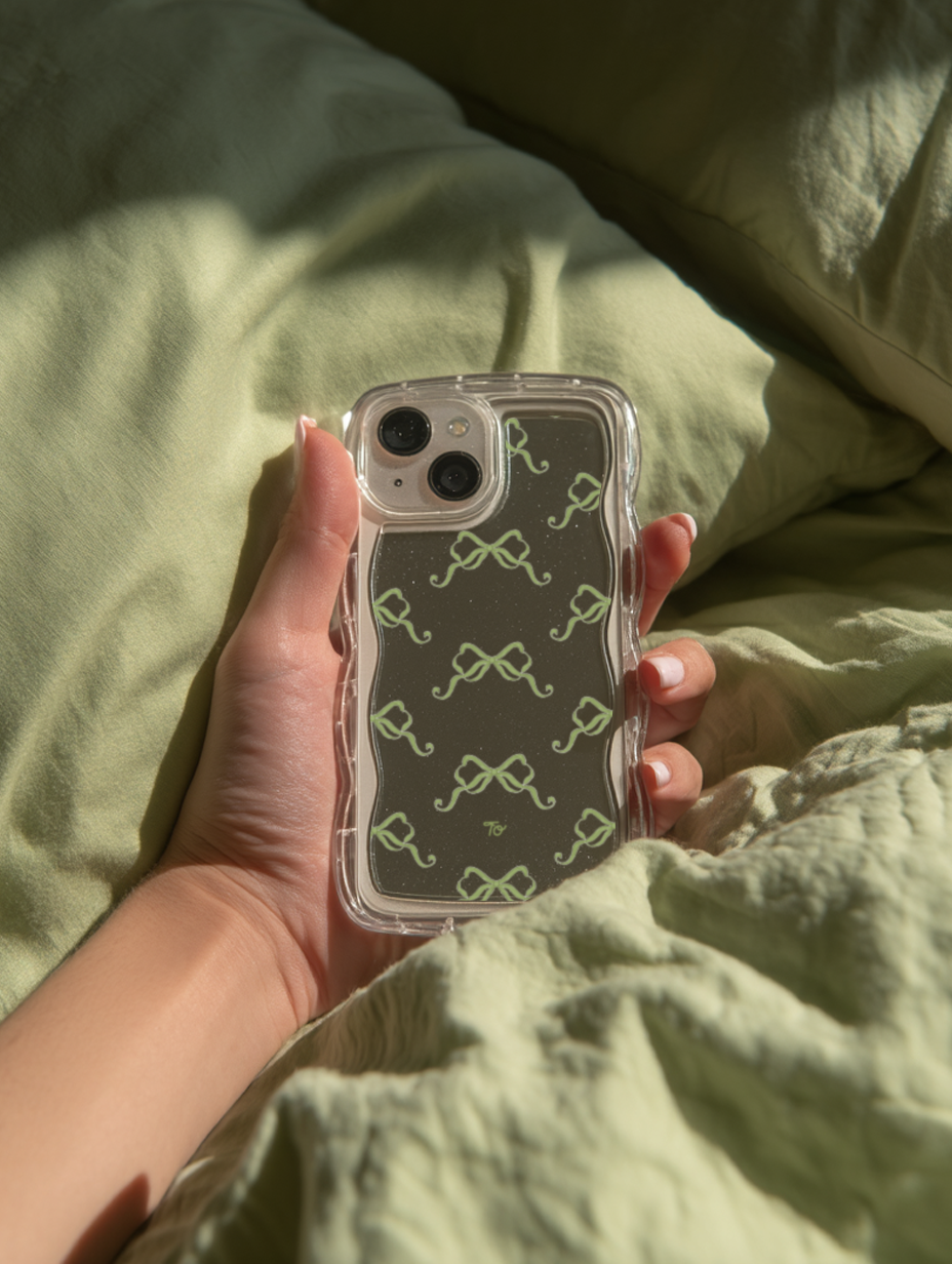 【Olive Green Ribbons in Full Printing】波浪邊框鏡面 iPhone Case