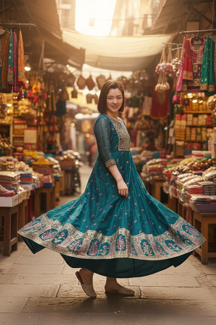 Peacock Green Heavy Emb. with Pink Rose SIlky OP #1070