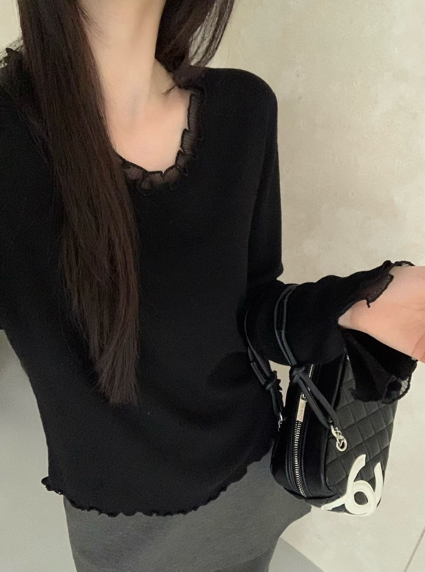 針織 柔軟彈性 雙層木耳邊top 