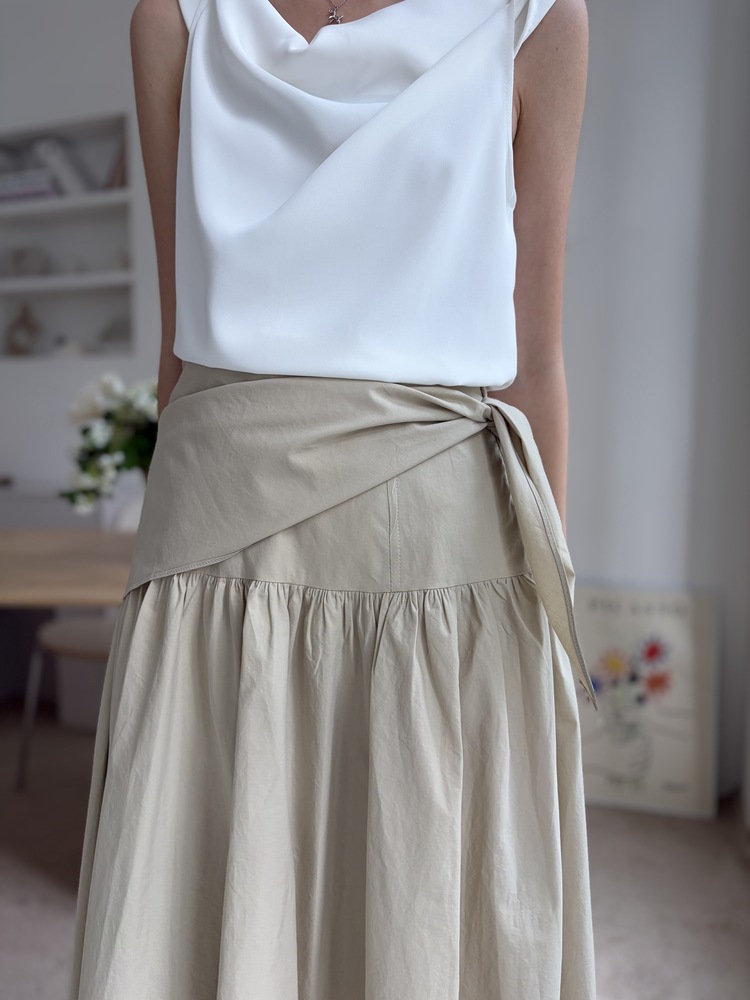 Wrap-Waist Flare Skirt (Beige)