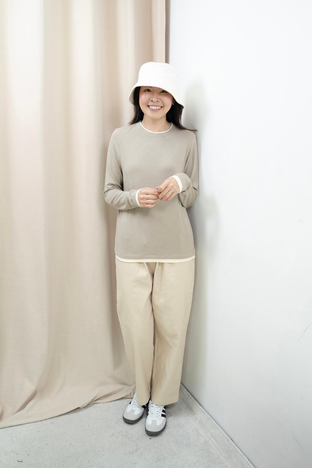 超彈拼色領邊上衣（深米色）