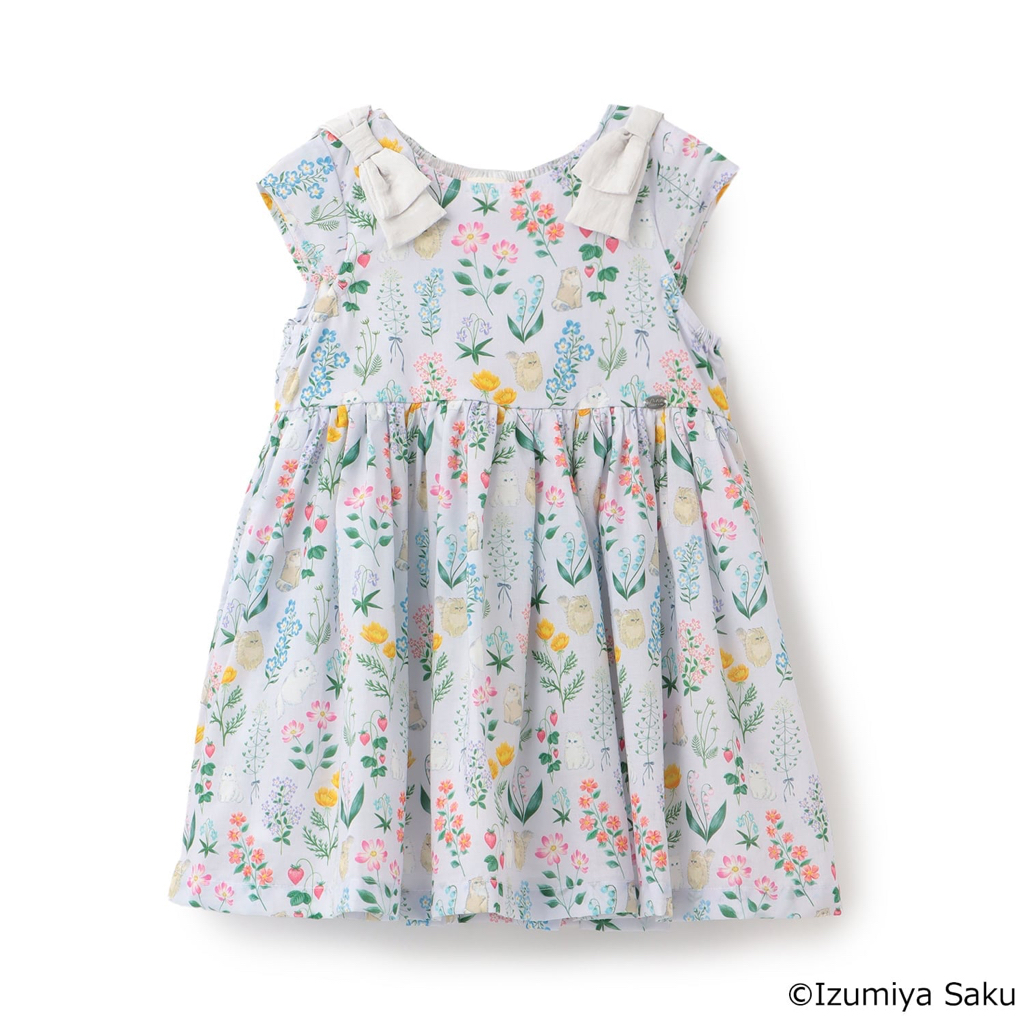 🇯🇵預訂 日本直送🇯🇵Petit Main x Izumiya Saku兩色花卉小貓滿印蝴蝶結短袖連身裙