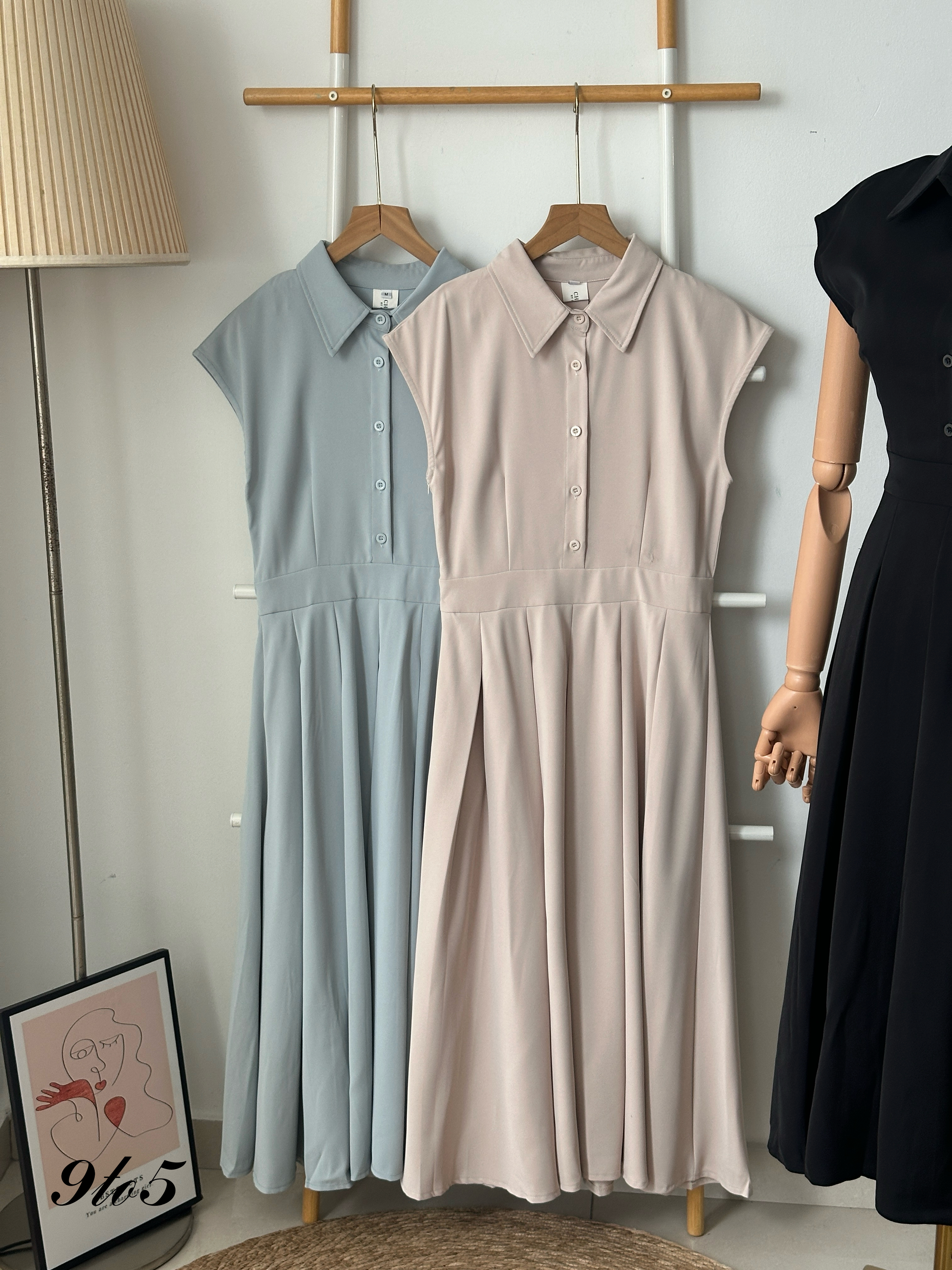 D2337 Cape Sleeve Pleated Dress - 3 Colors