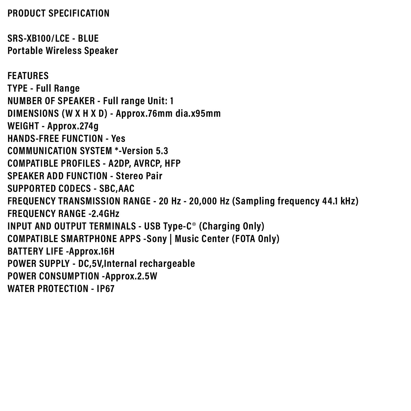 Sony Compact Bluetooth Speaker Blue (SRS-XB100)