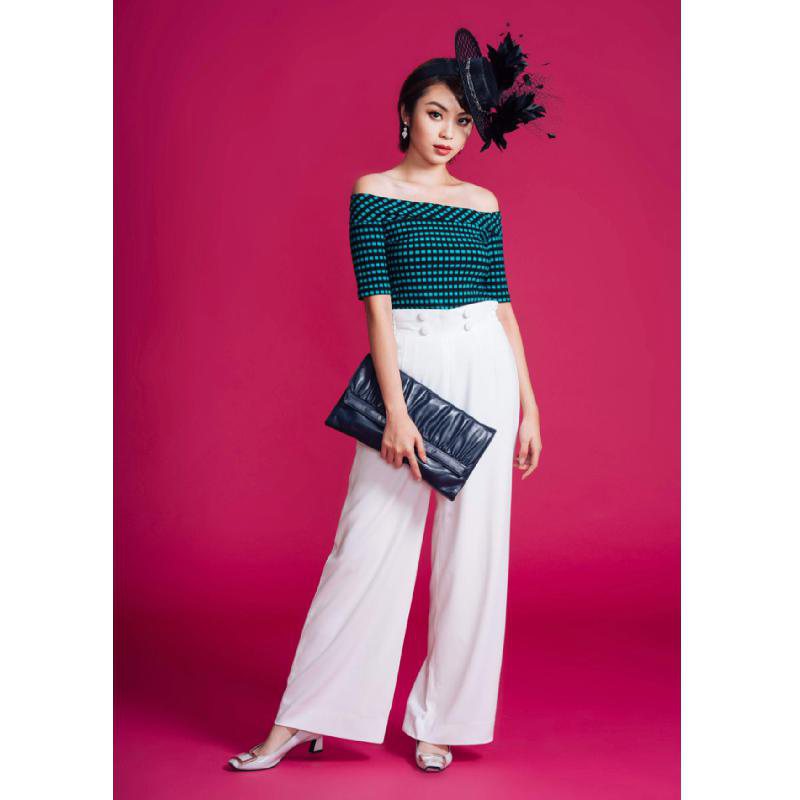 (SOLD OUT)Timeless Chic Off Shoulder Top - Teal Green x Black Checkered(FM117)