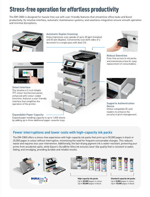 Epson WorkForce Pro EM-C800 Duplex A4 Print Scan Copy FAX with Wi-Fi ADF Feeder similar to T920DW T910DW G4010 L6170