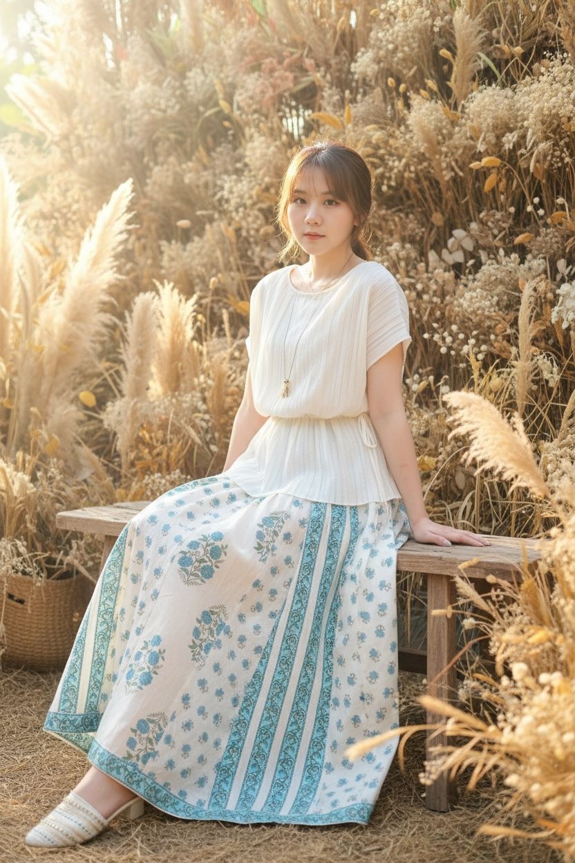 520 White with Green Print Skirt